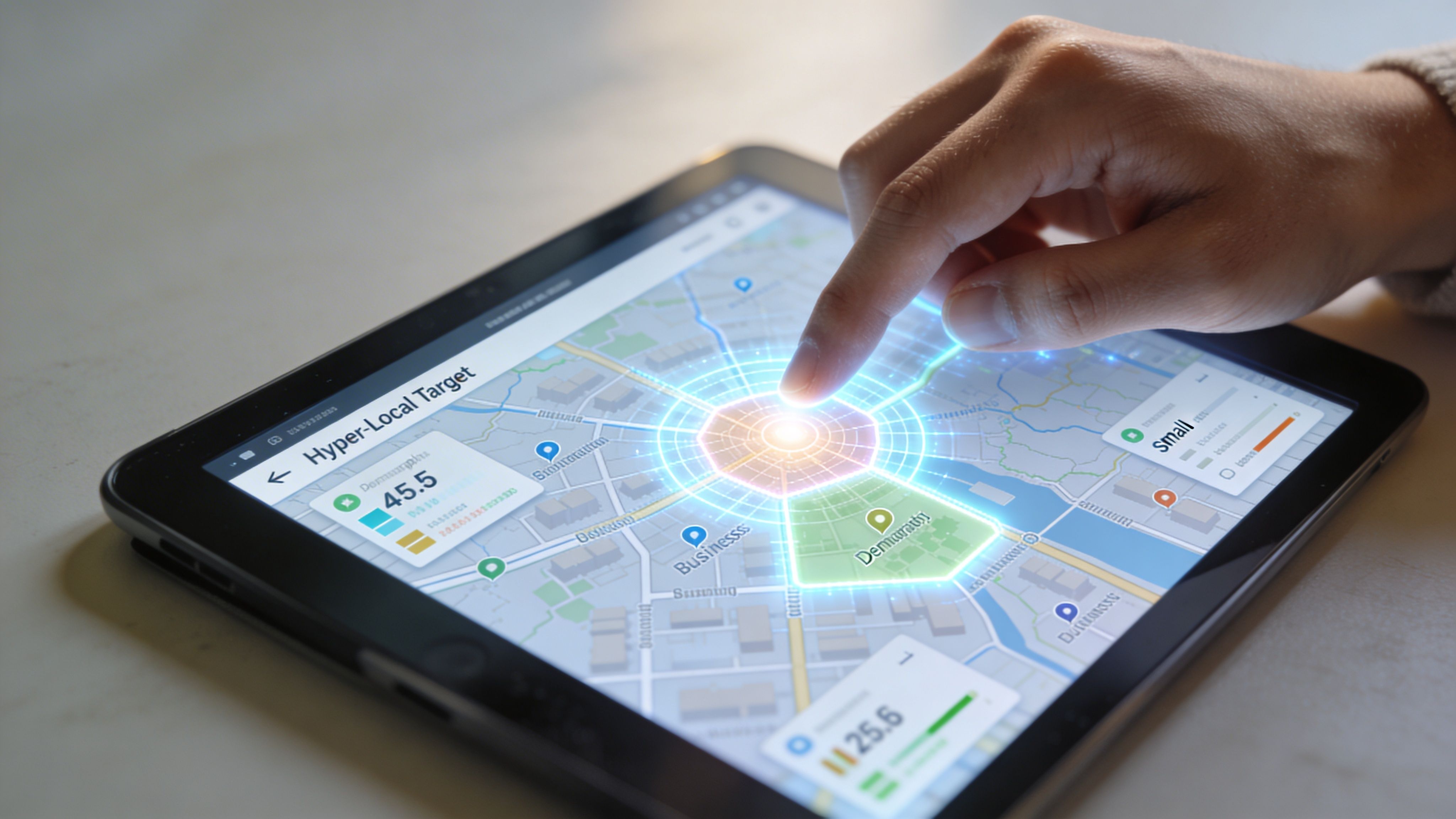 A person using a digital tablet to visualize hyper-local targeted advertising zones on an interactive map.