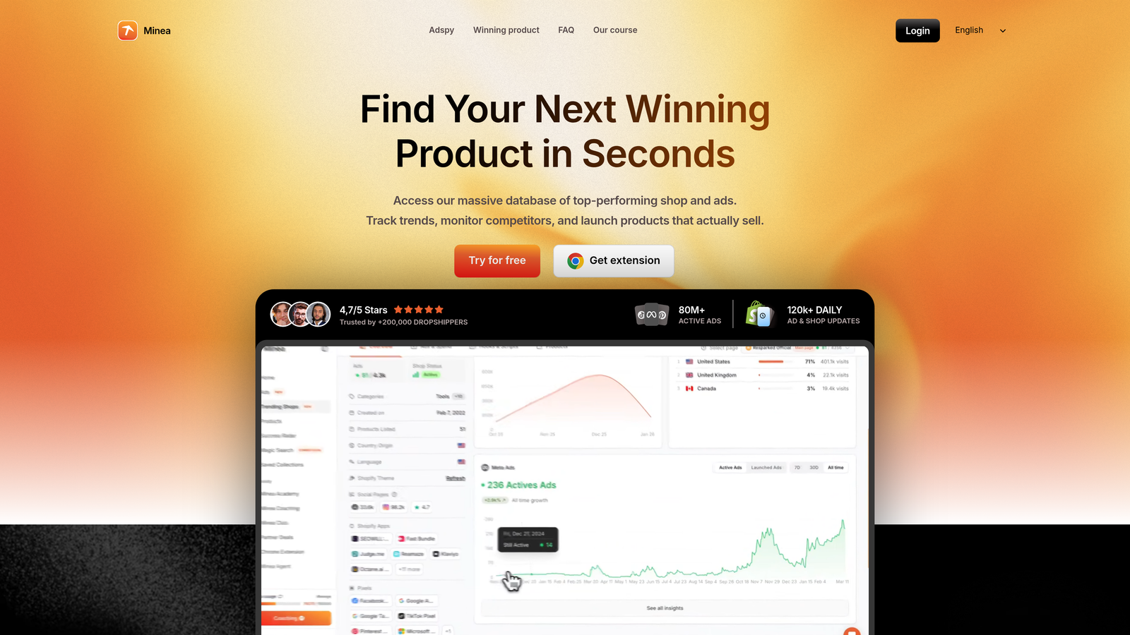 Screenshot of Minea website