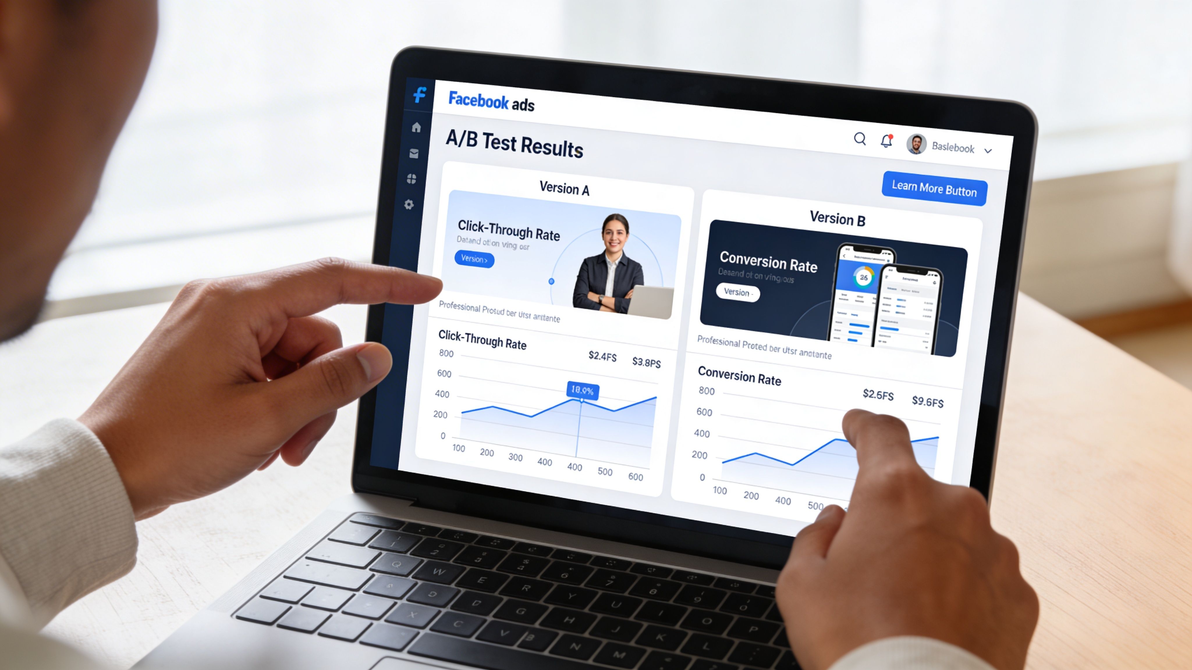 A professional analyzing Facebook ad A/B test results on a laptop screen with performance charts.