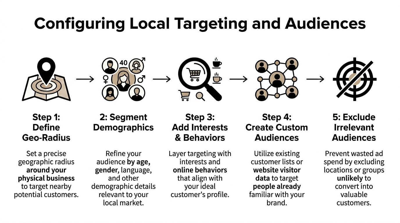 A five-step infographic showing how to configure local targeting and audiences for digital advertising campaigns.