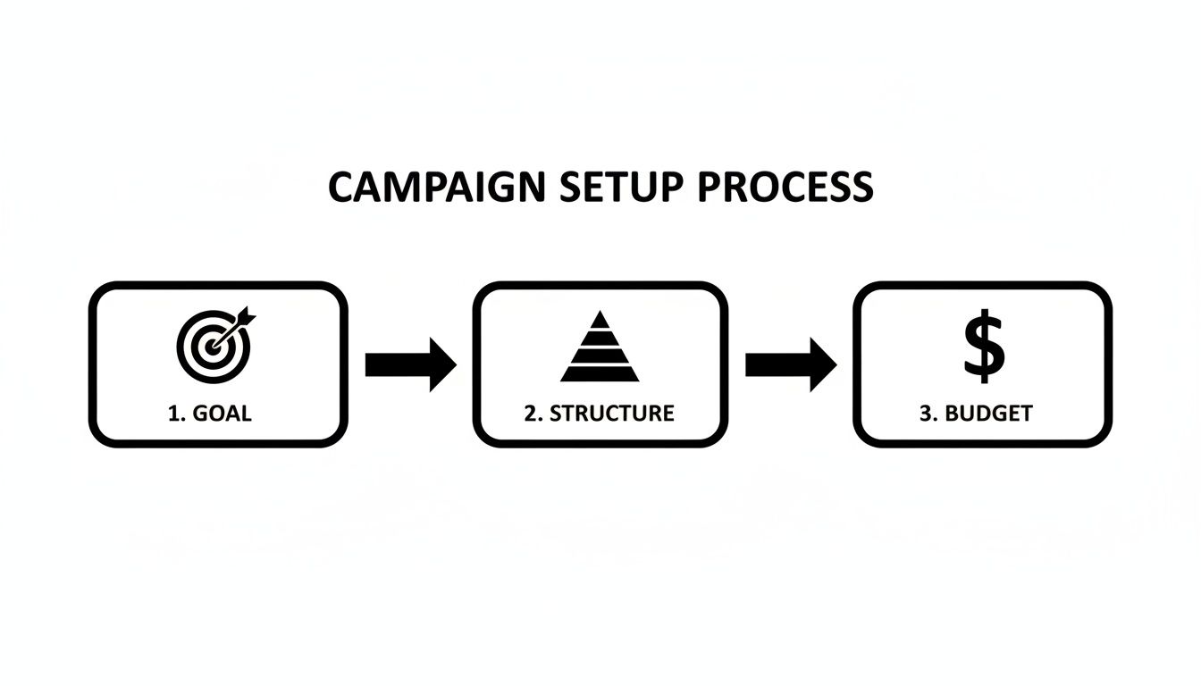 Diagram illustrating a campaign setup process with three key steps: Goal, Structure, and Budget.