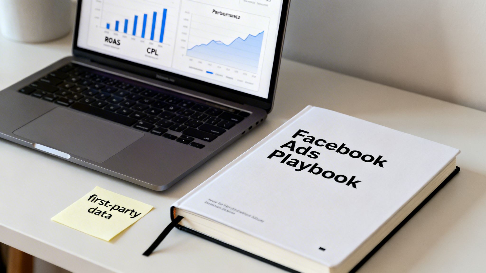 A laptop shows ad performance graphs next to a 'Facebook Ads Playbook' and a 'first-party data' sticky note.