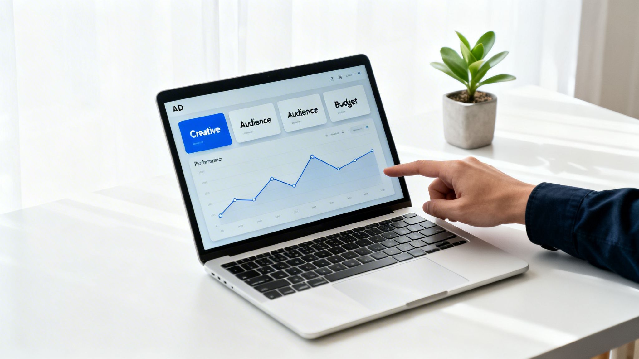 Hand pointing at laptop screen showing an AD dashboard with performance graph and creative options.