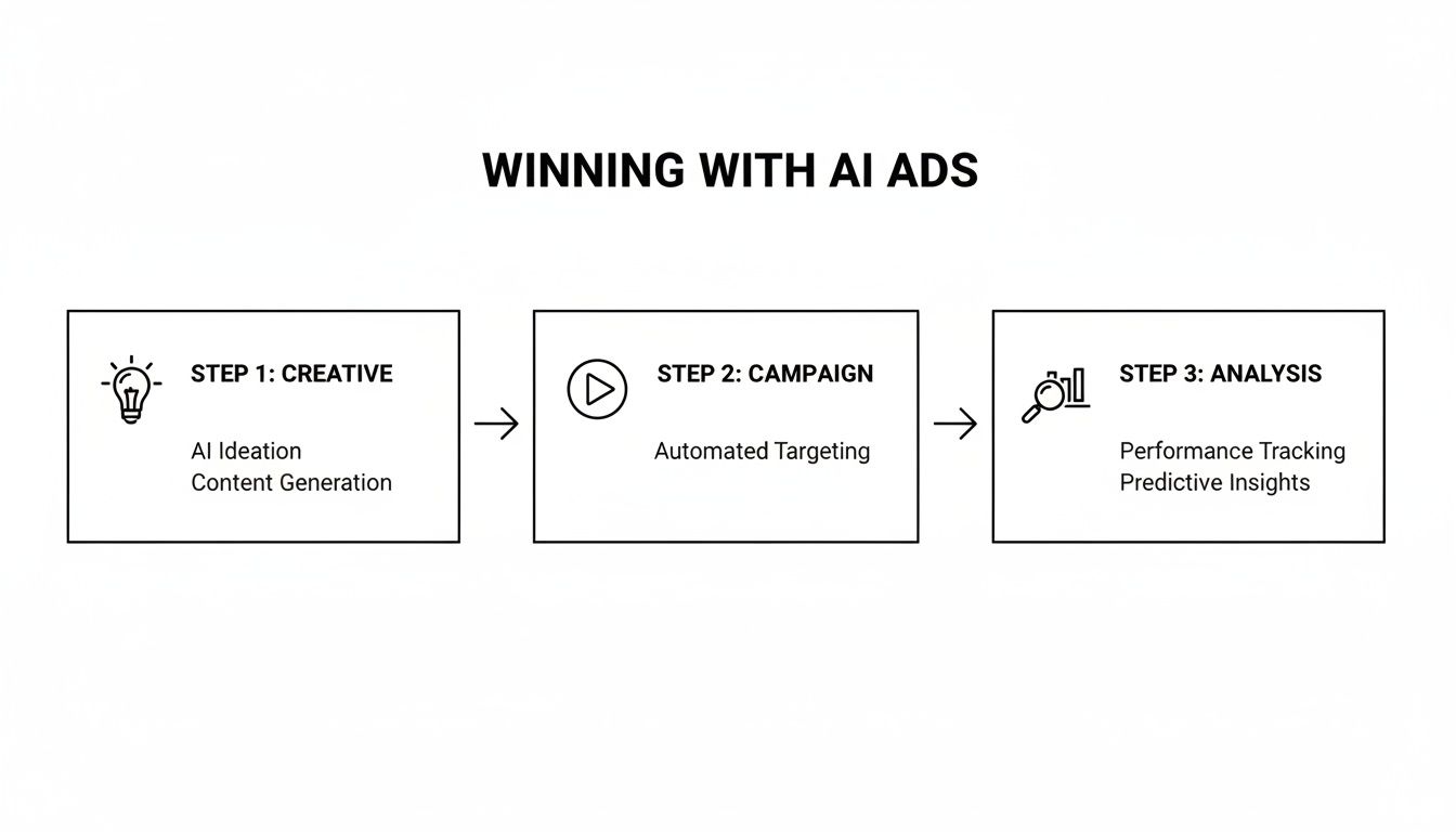 A diagram outlining three steps for winning with AI ads: Creative, Campaign, and Analysis.