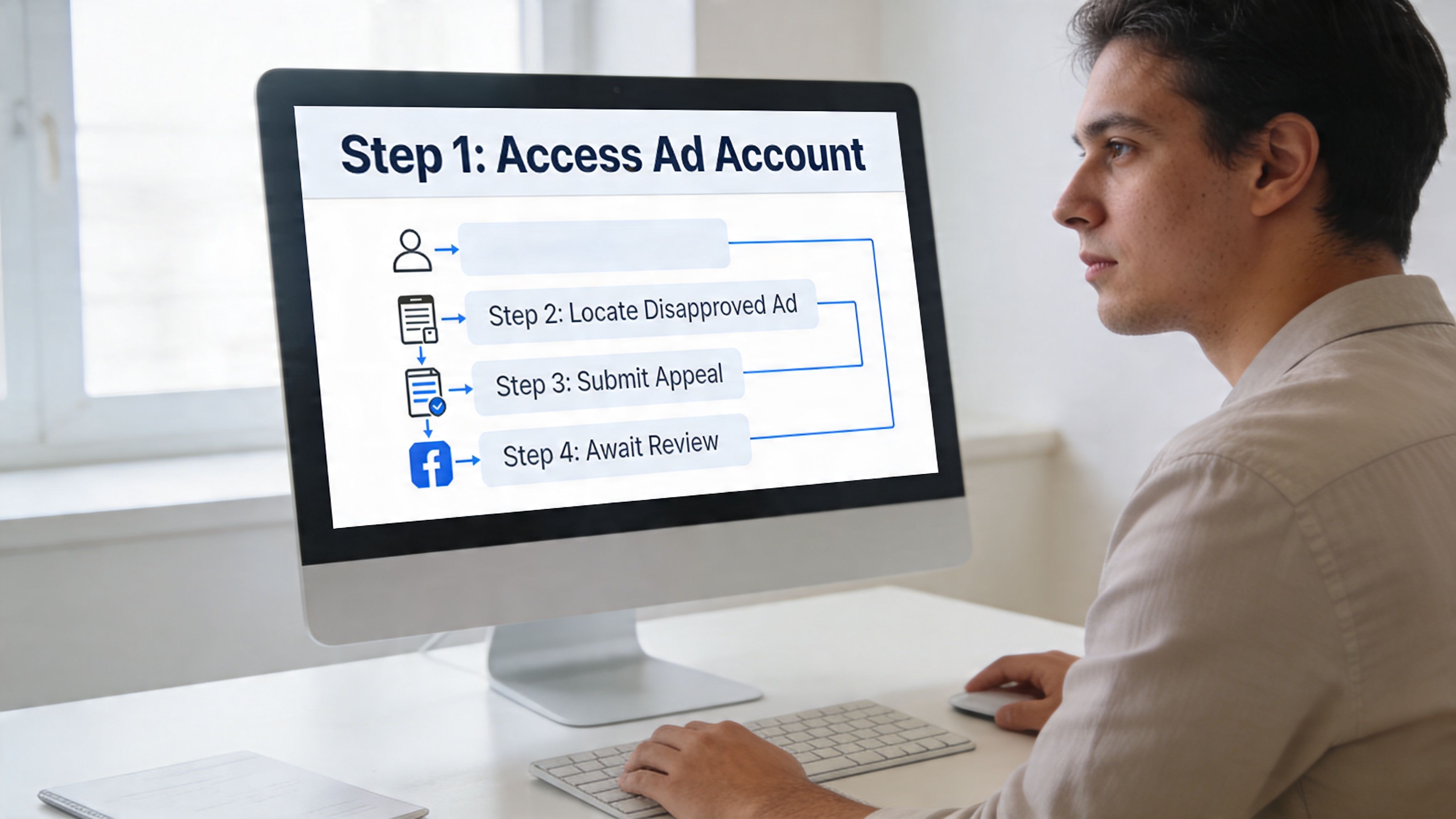 A man working on his computer reviewing a flowchart for appealing disapproved Facebook ads account issues.