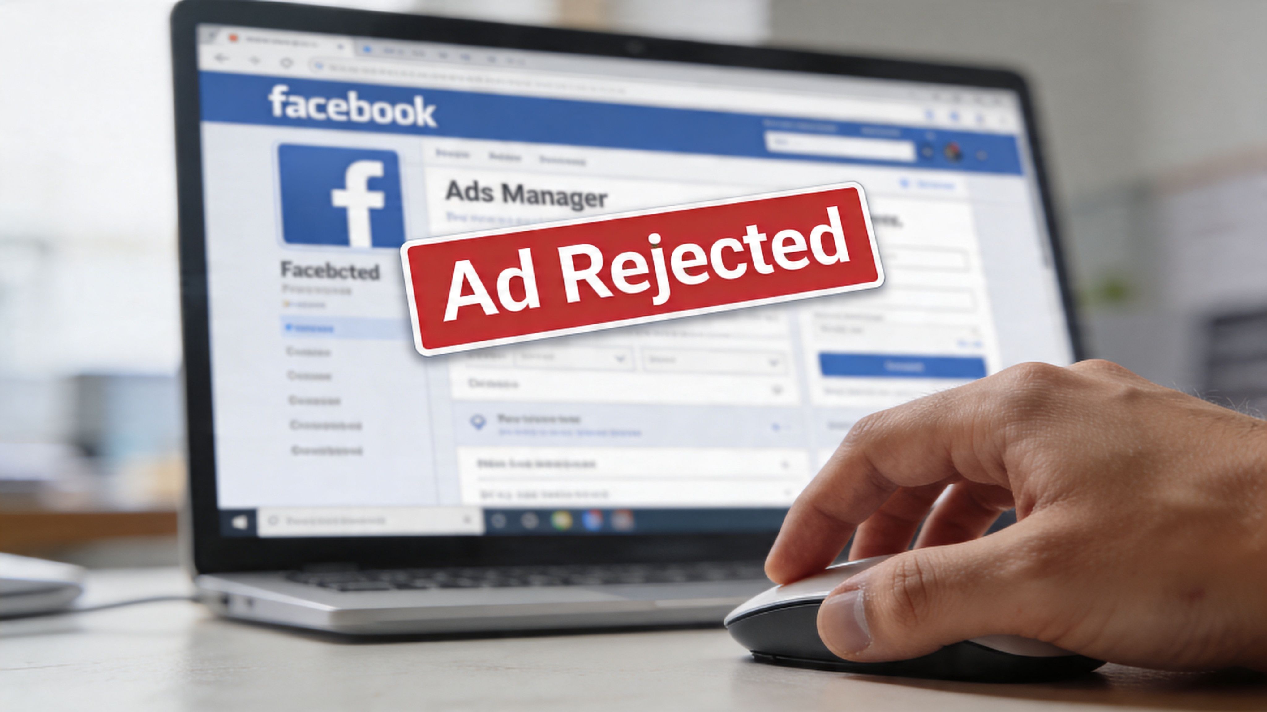 A close-up of a person using a computer mouse in front of a laptop showing Facebook Ads Manager.