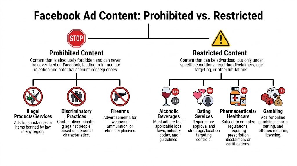 A visual guide comparing Facebook advertising policies, distinguishing between completely prohibited content and restricted content with specific requirements.