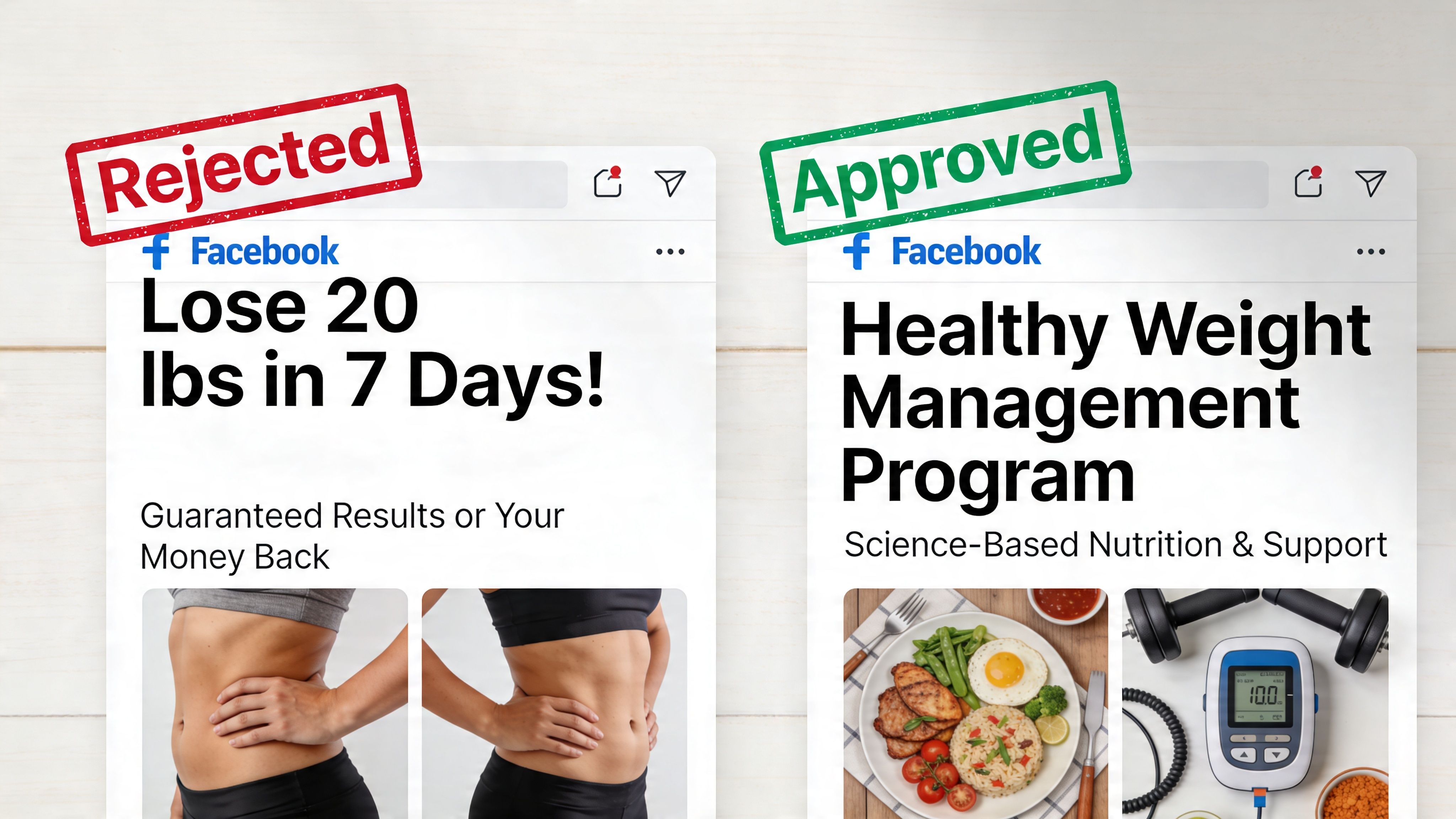 A comparison image showing rejected Facebook ads with unrealistic claims versus approved ads focusing on healthy programs.