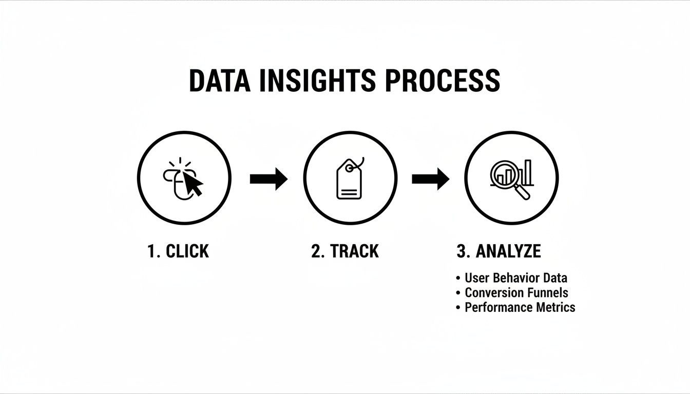 Diagram illustrating a data insights process: click, track, and analyze user behavior, funnels, and performance.