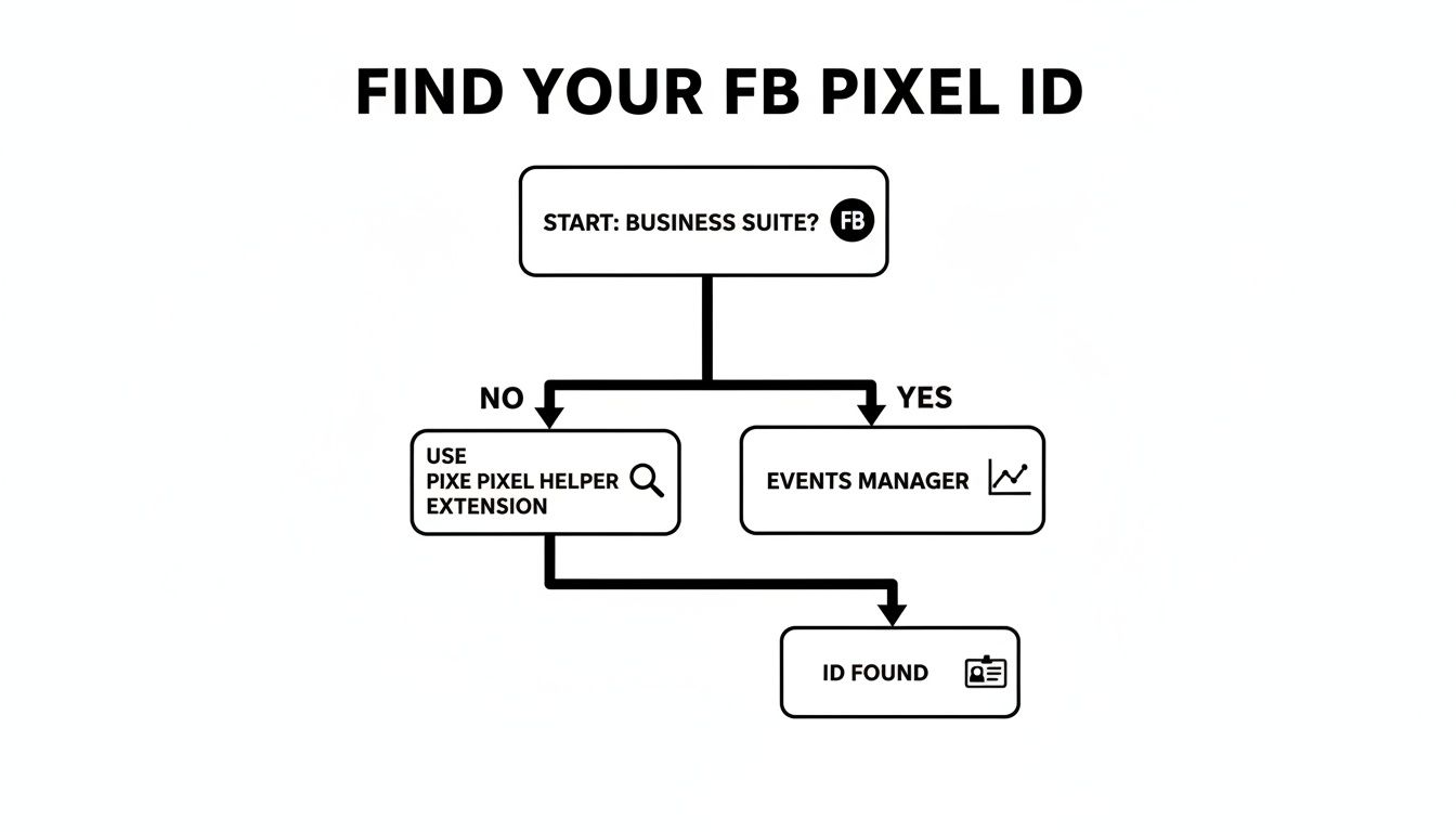 A flowchart illustrating methods to find your Facebook Pixel ID using Business Suite or a helper extension.