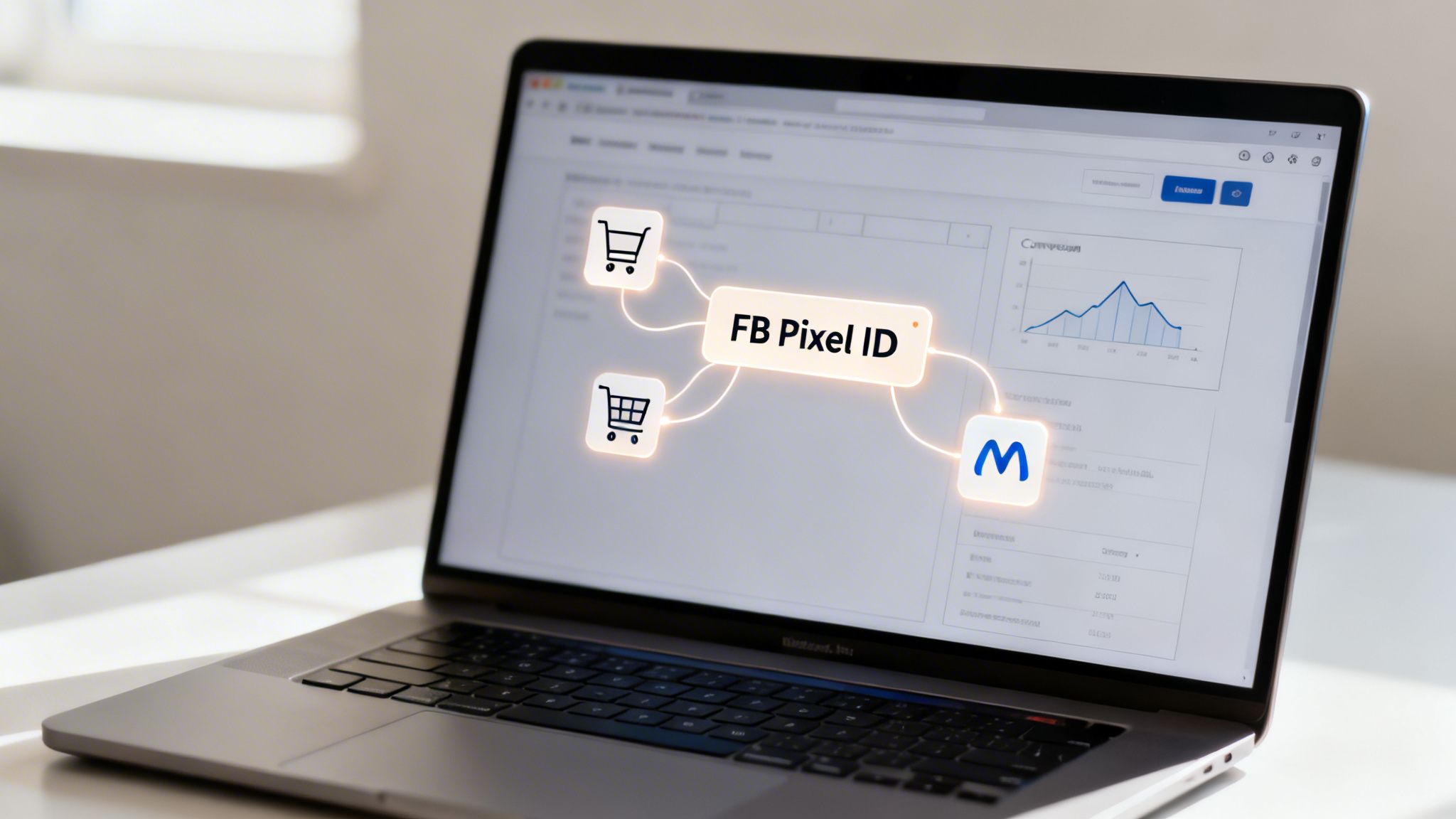 Laptop screen shows 'FB Pixel ID' connecting to shopping carts and an 'M' logo, with a conversion graph.