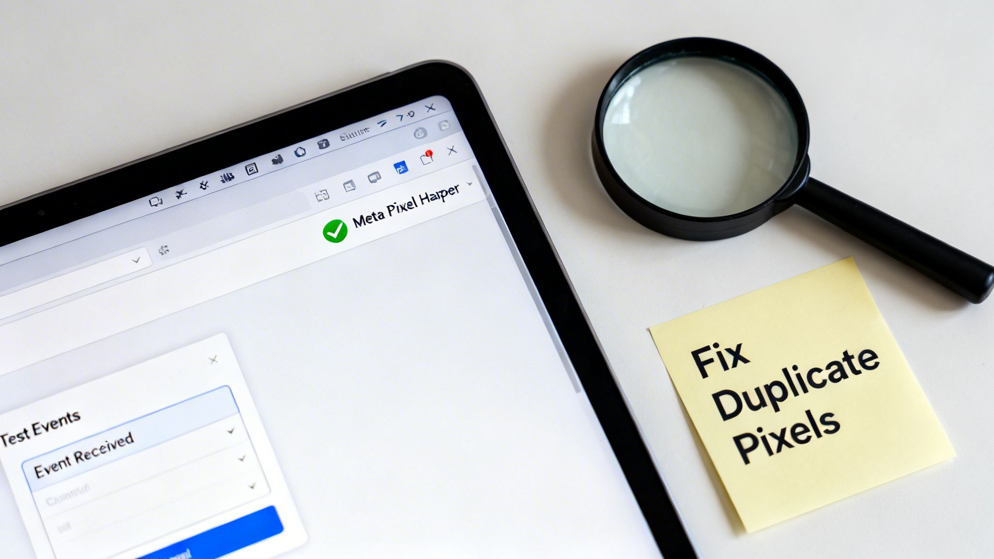 A tablet displays "Meta Pixel Helper" with a checkmark, next to a magnifying glass and a "Fix Duplicate Pixels" note.