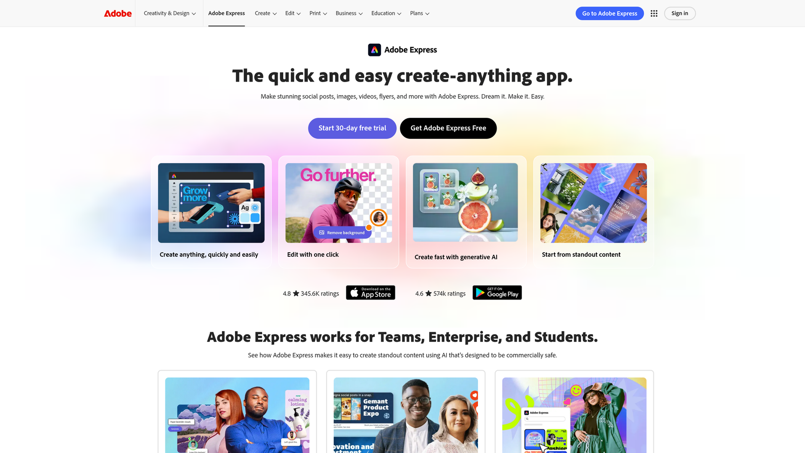 Screenshot of Adobe Express website