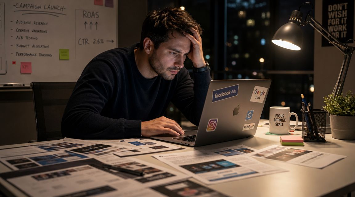 A stressed marketing professional working late at night on a laptop surrounded by analytical campaign documents.