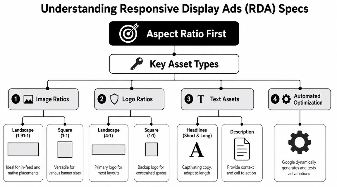 An infographic detailing the specifications for Google Responsive Display Ads including image ratios, logos, and text assets.