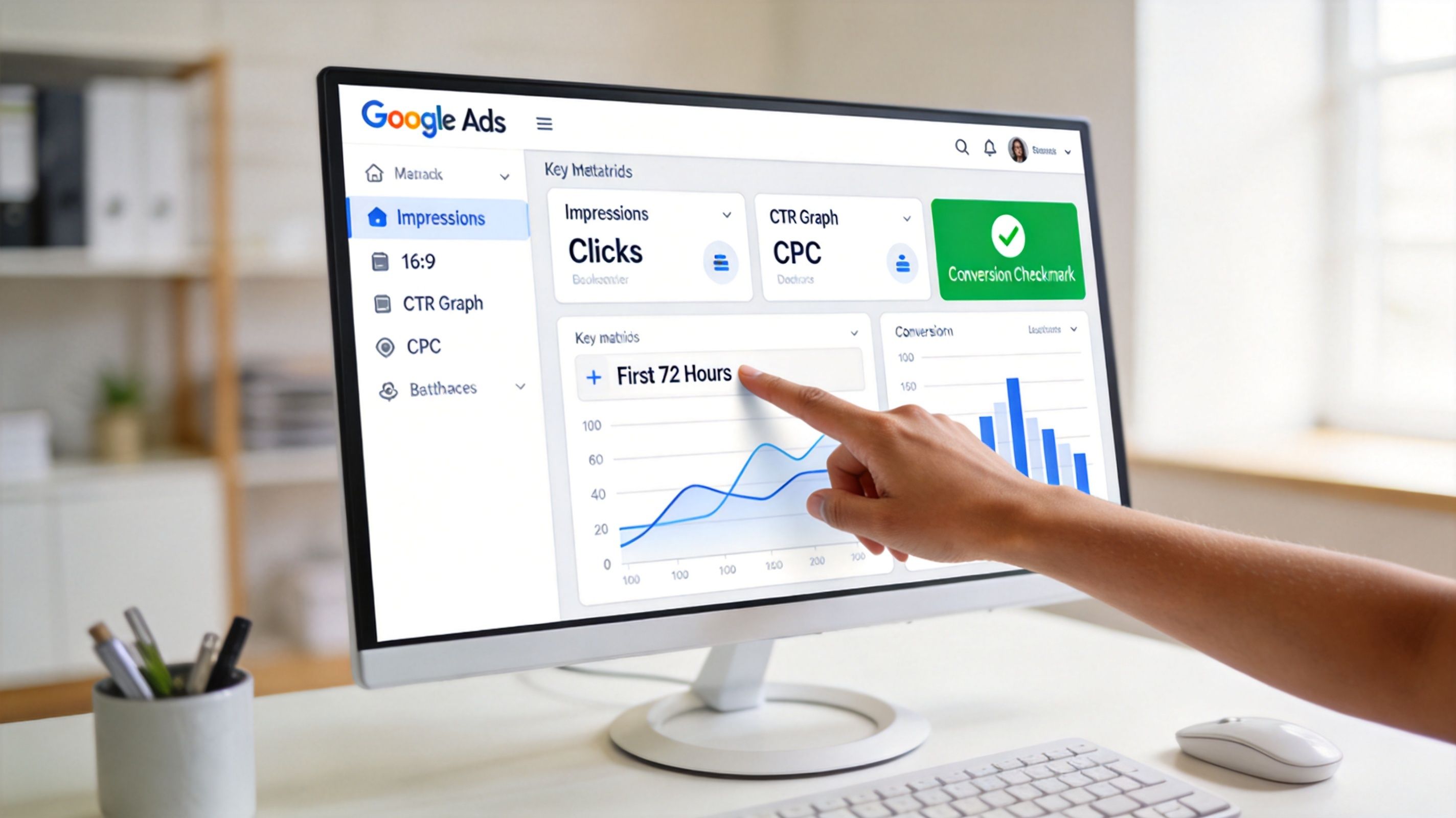 A person pointing at a Google Ads dashboard screen displaying analytics and campaign performance metrics on a computer.