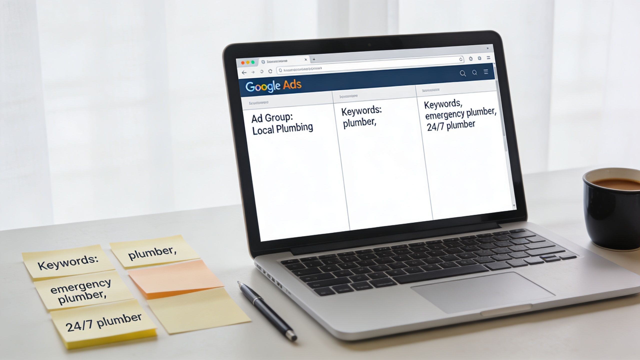 A laptop displaying a Google Ads dashboard next to sticky notes listing plumbing keywords on a desk.