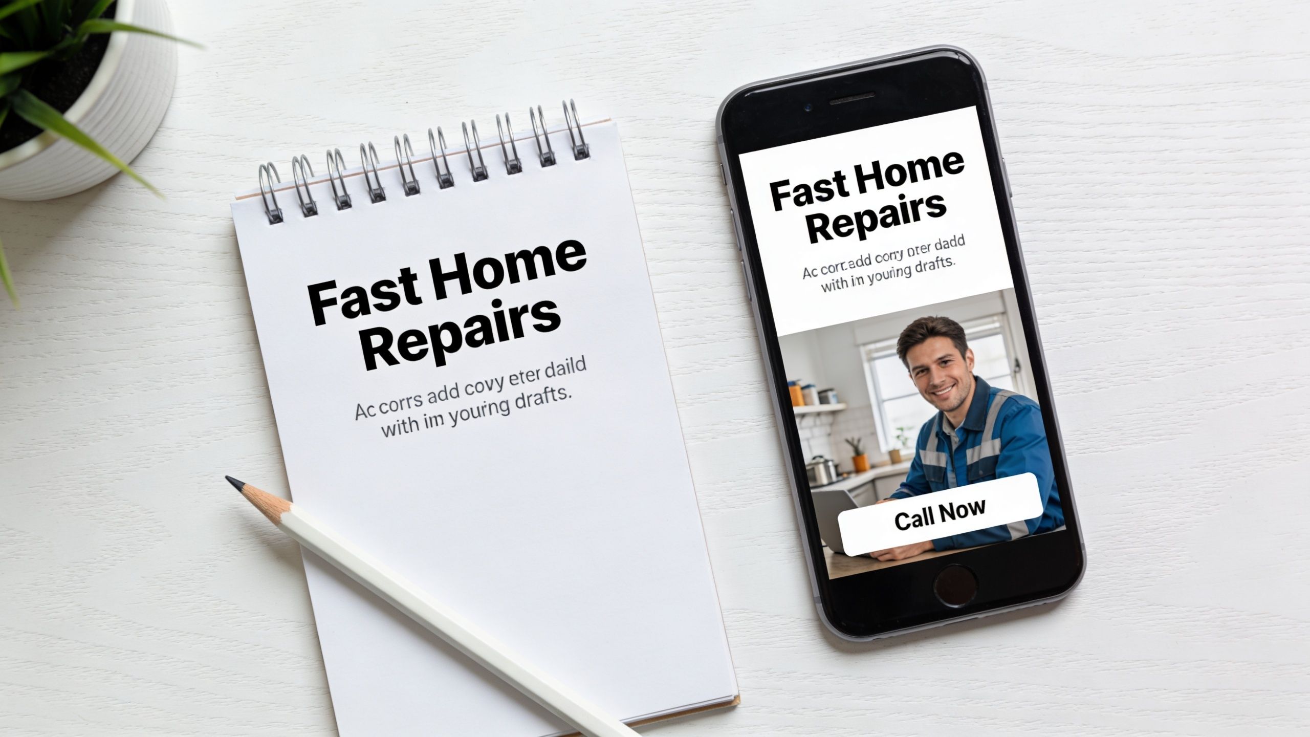A notepad and a smartphone displaying a professional advertisement for home repair services on a white desk.
