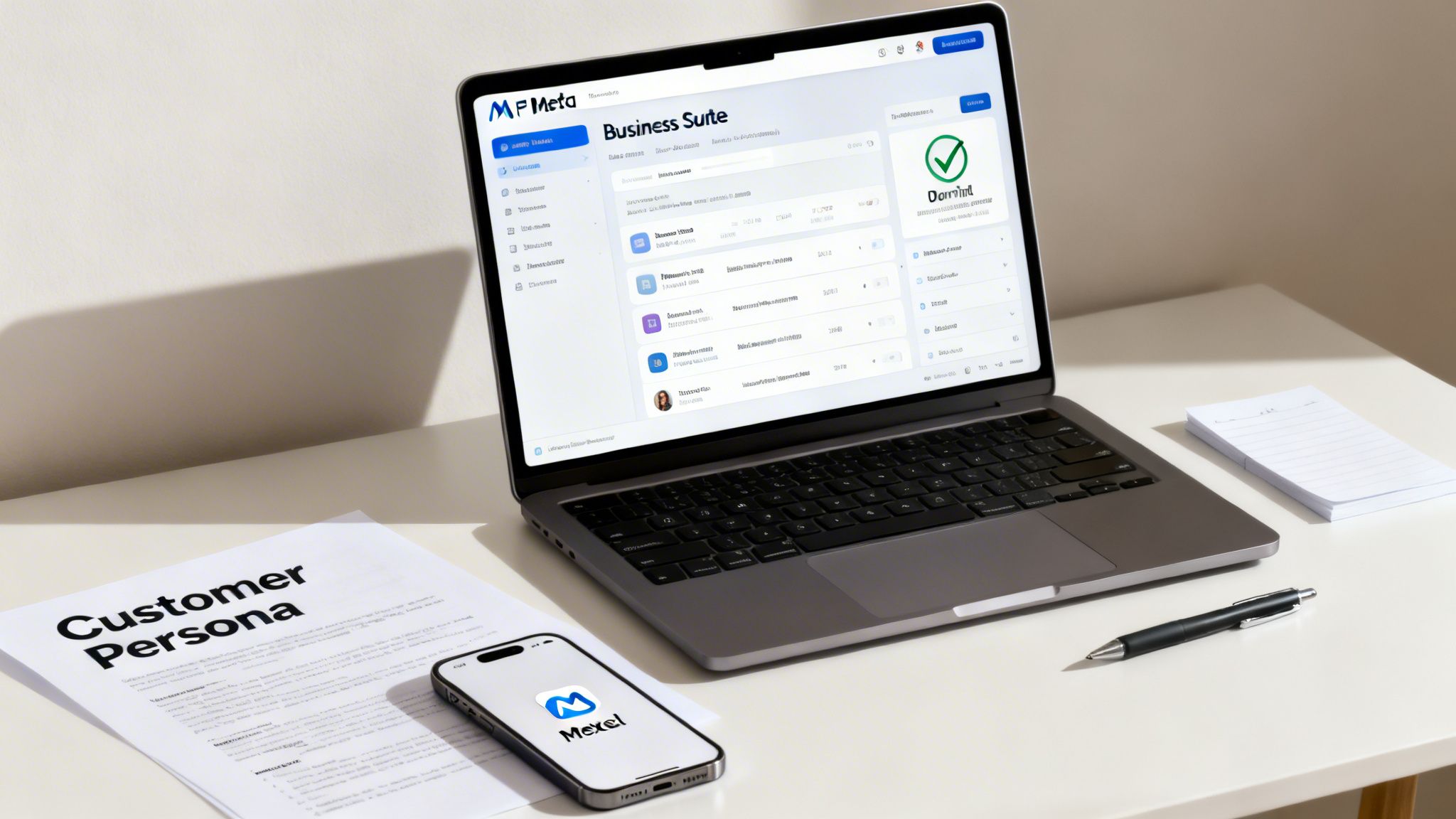 A modern workspace with a laptop showing a business suite, smartphone, customer persona document, and office supplies.
