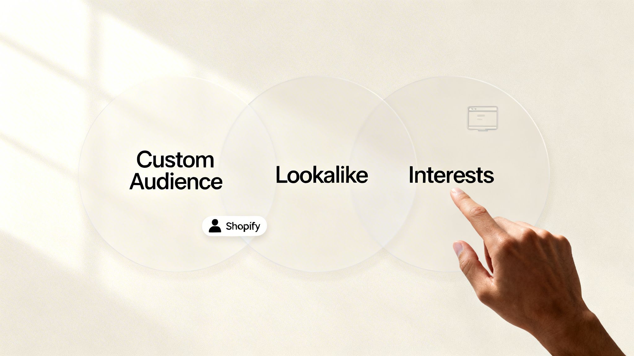 A hand points to 'Interests' among options: Custom Audience, Lookalike, and Interests.