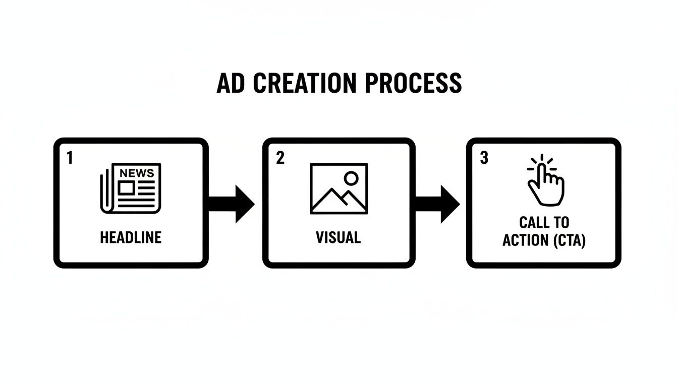 A black and white diagram illustrating the three steps of the ad creation process: Headline, Visual, and Call to Action (CTA).