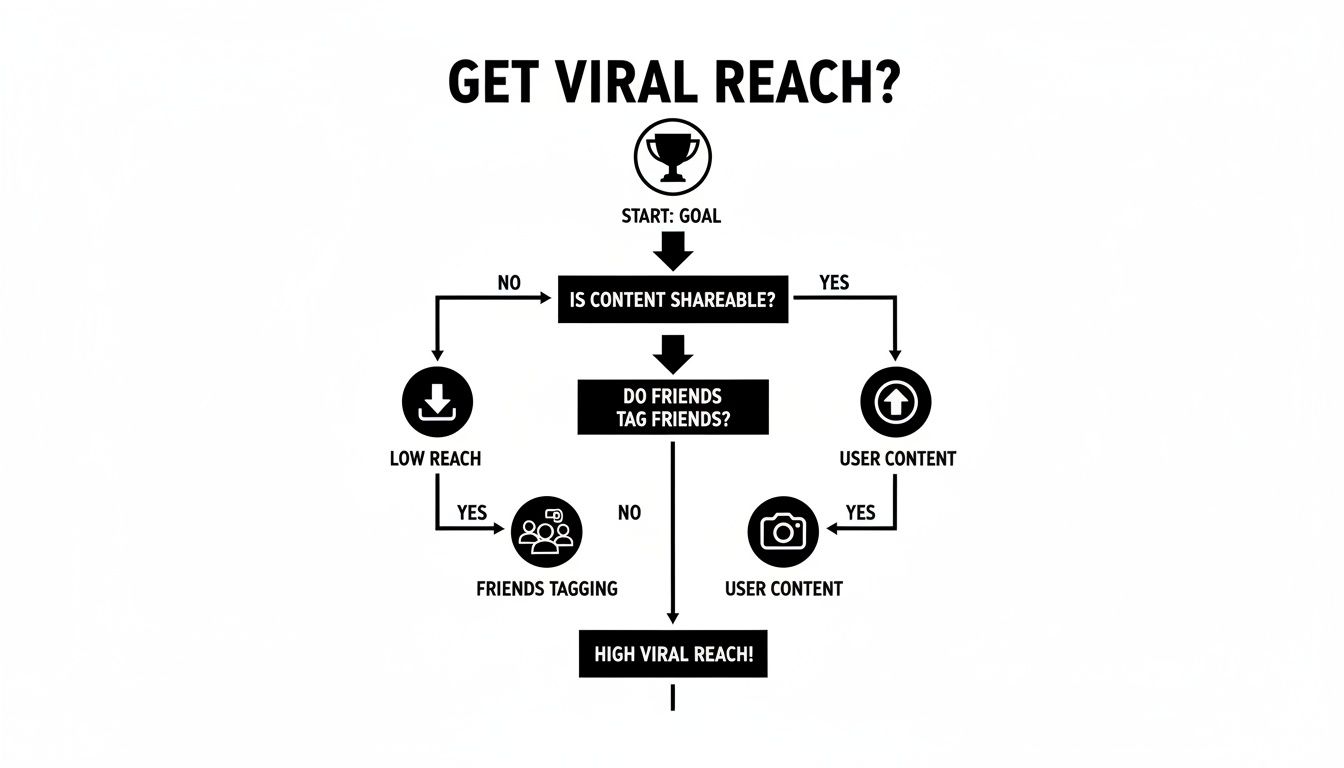 Flowchart illustrating steps to achieve viral reach through shareable content and friend tagging.