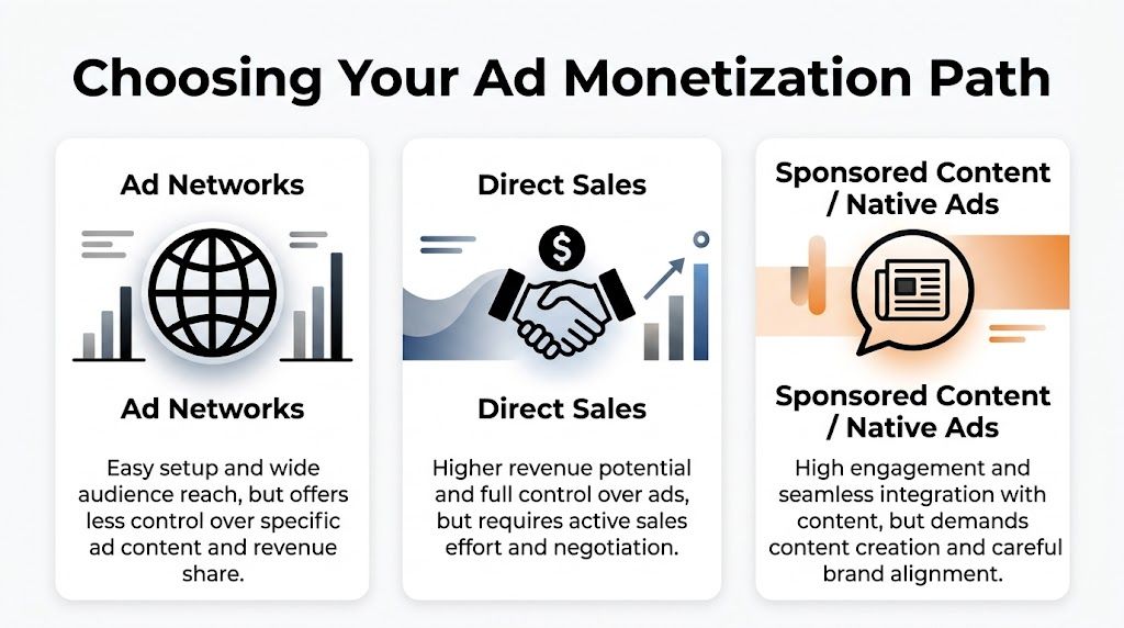 An infographic comparing three advertising monetization strategies: Ad Networks, Direct Sales, and Sponsored Content or Native Ads.