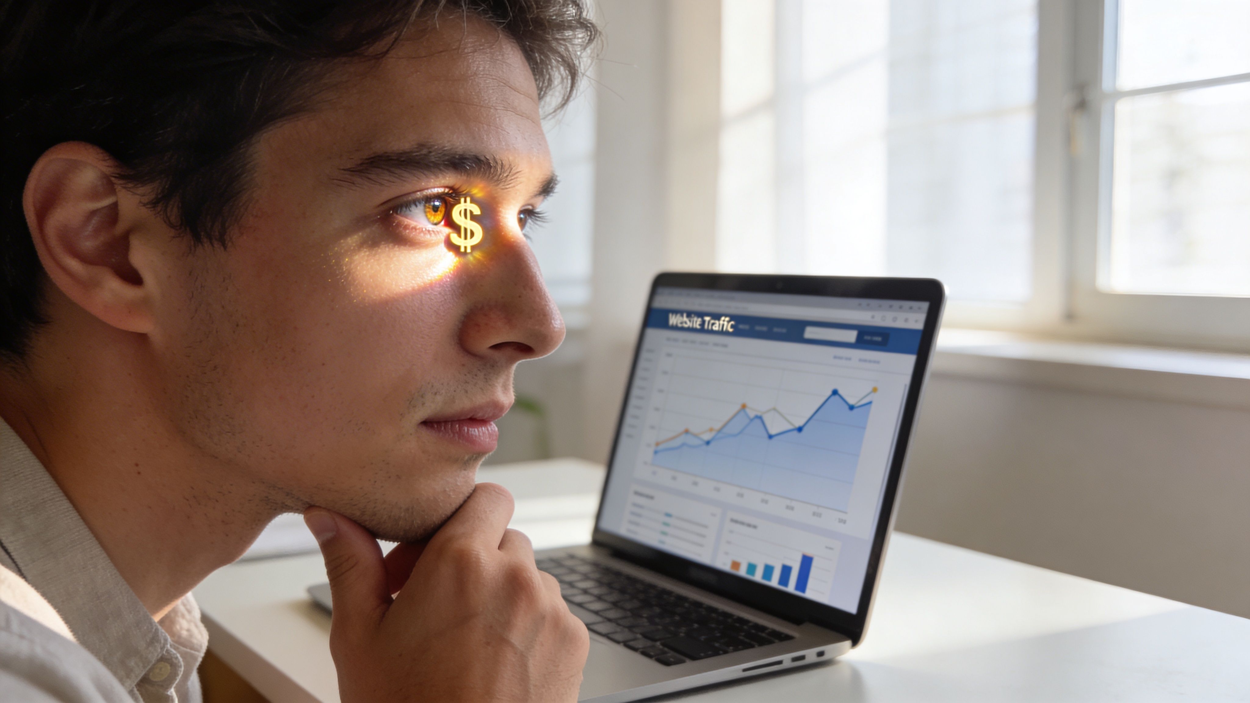 A young man looking at a laptop screen displaying website traffic analytics with a dollar symbol reflection.