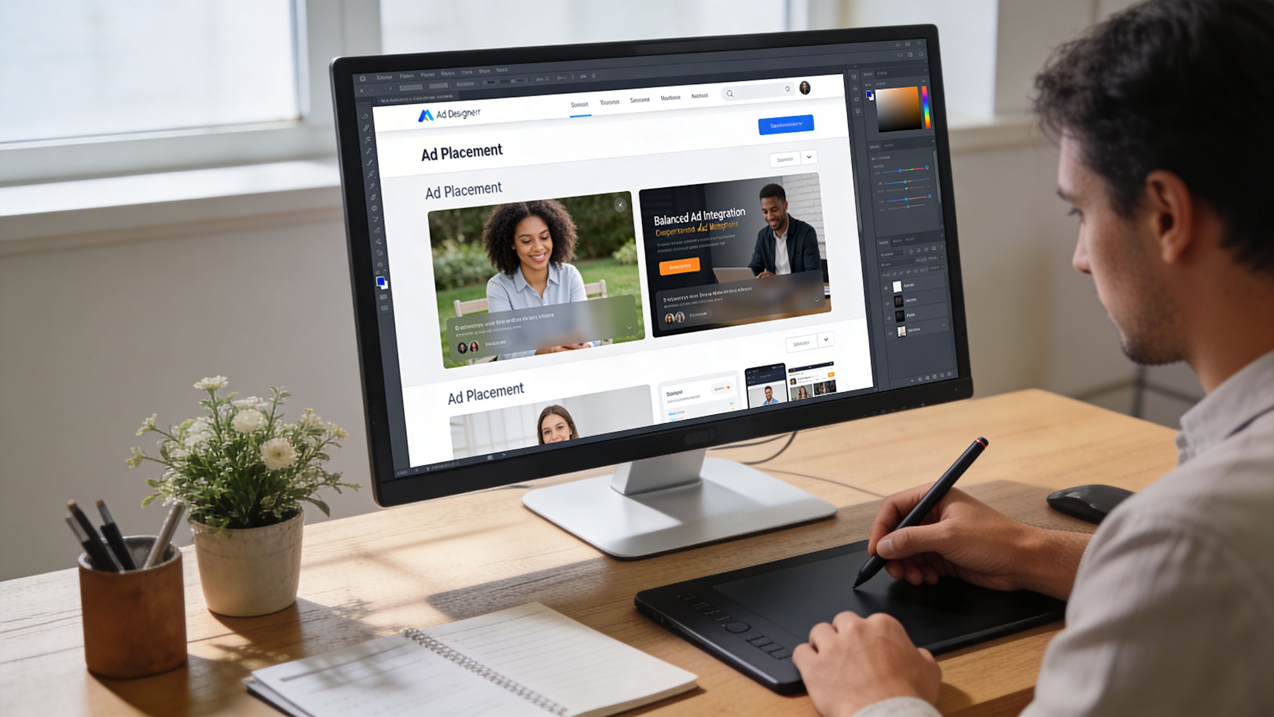 A professional designer working on ad placements using a drawing tablet and computer at a wooden desk.