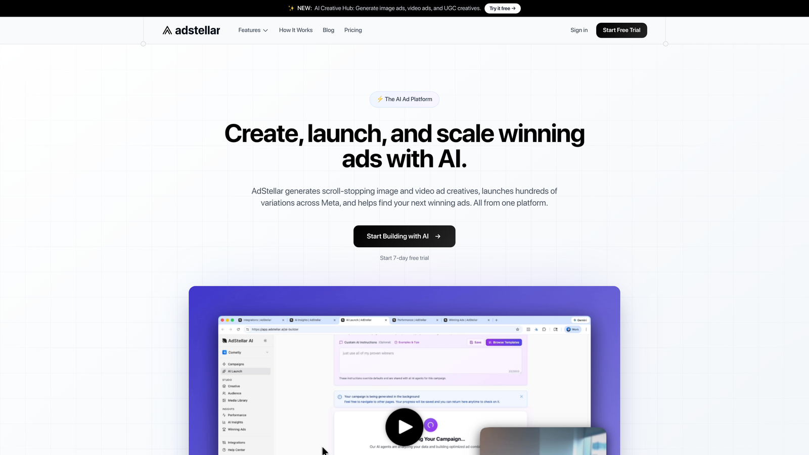 Screenshot of AdStellar AI Campaign Builder website