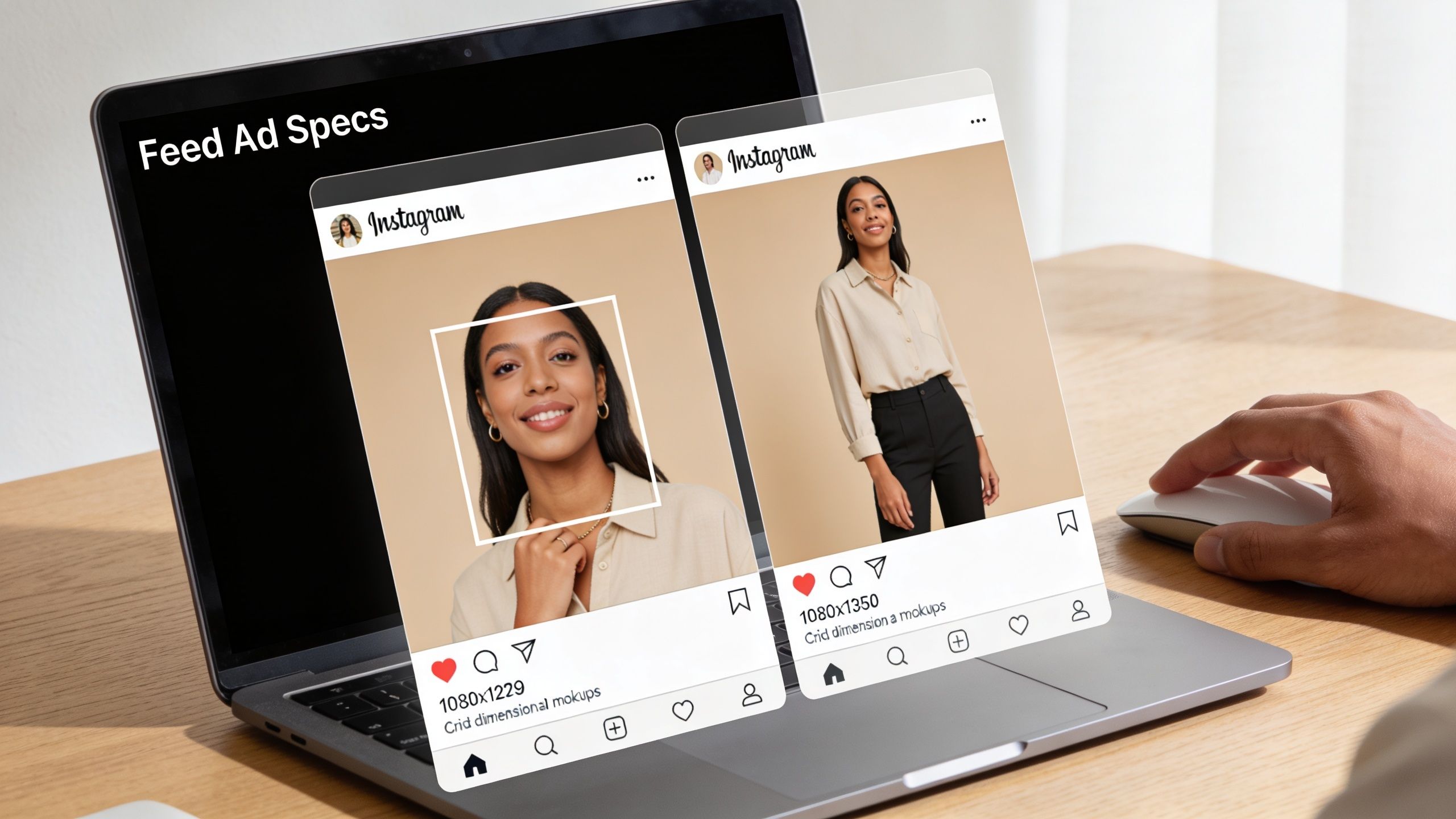 A laptop screen displaying two Instagram feed advertisement templates showing different aspect ratios and dimensions.