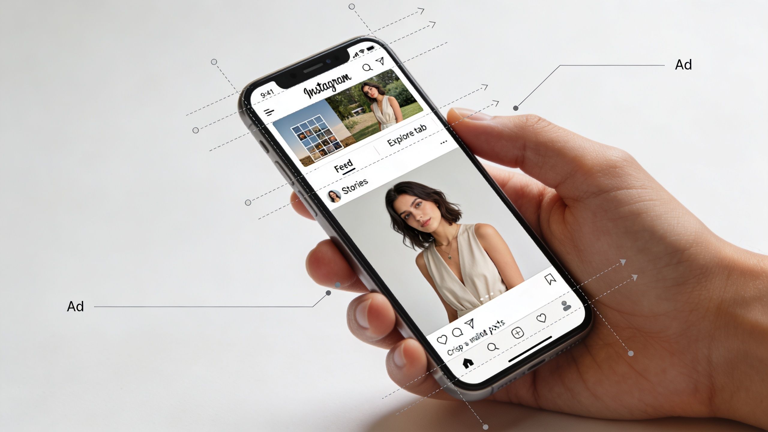 A person holding a smartphone displaying Instagram application interface with technical ad layout diagram lines overlaid.