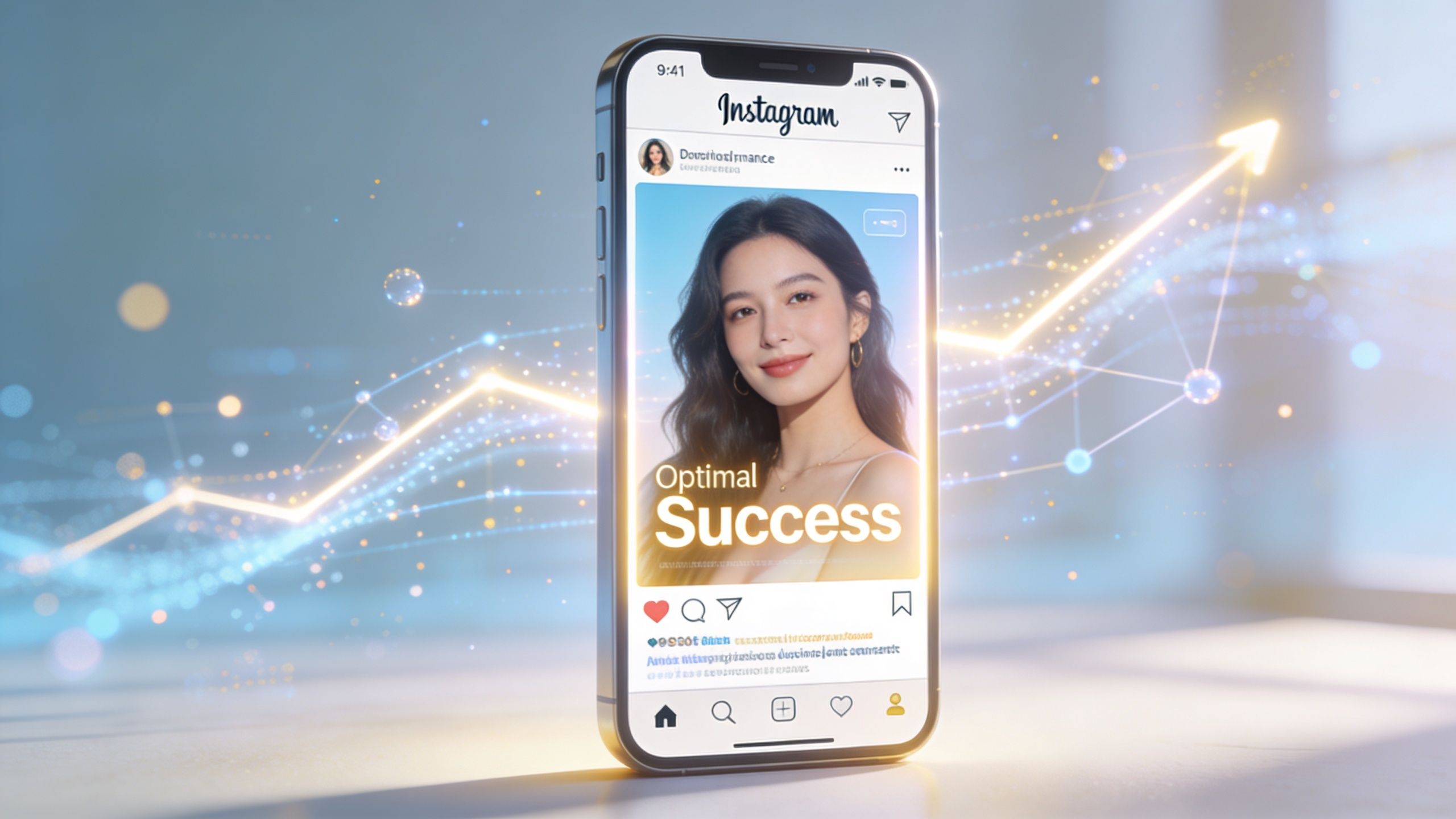 A smartphone screen displaying an Instagram post with a woman's portrait and the text Optimal Success.