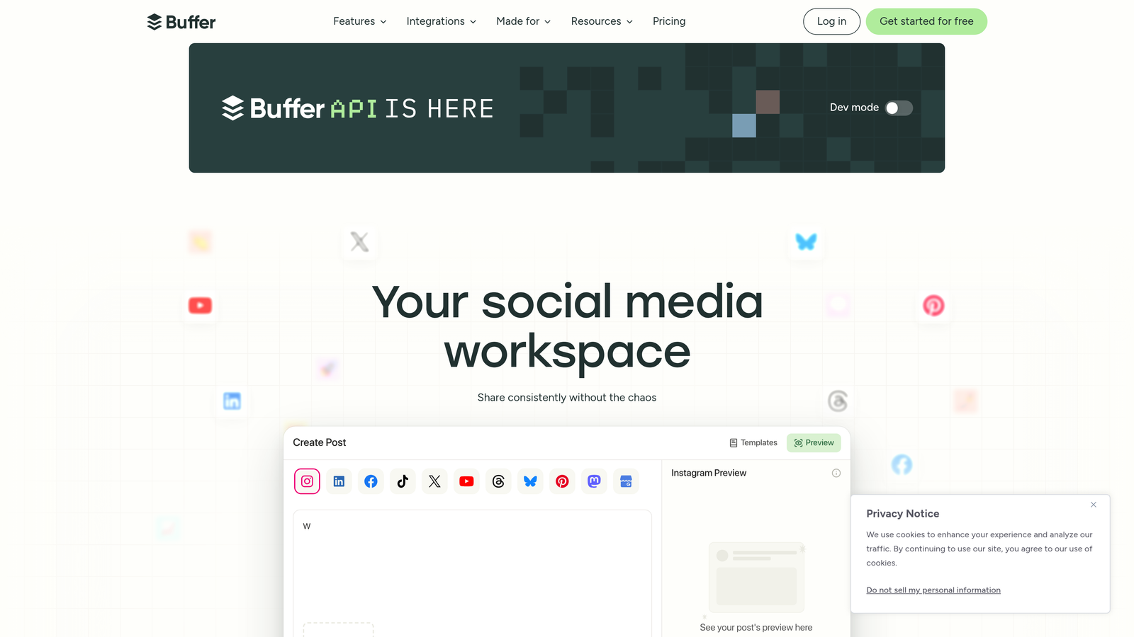 Screenshot of Buffer website