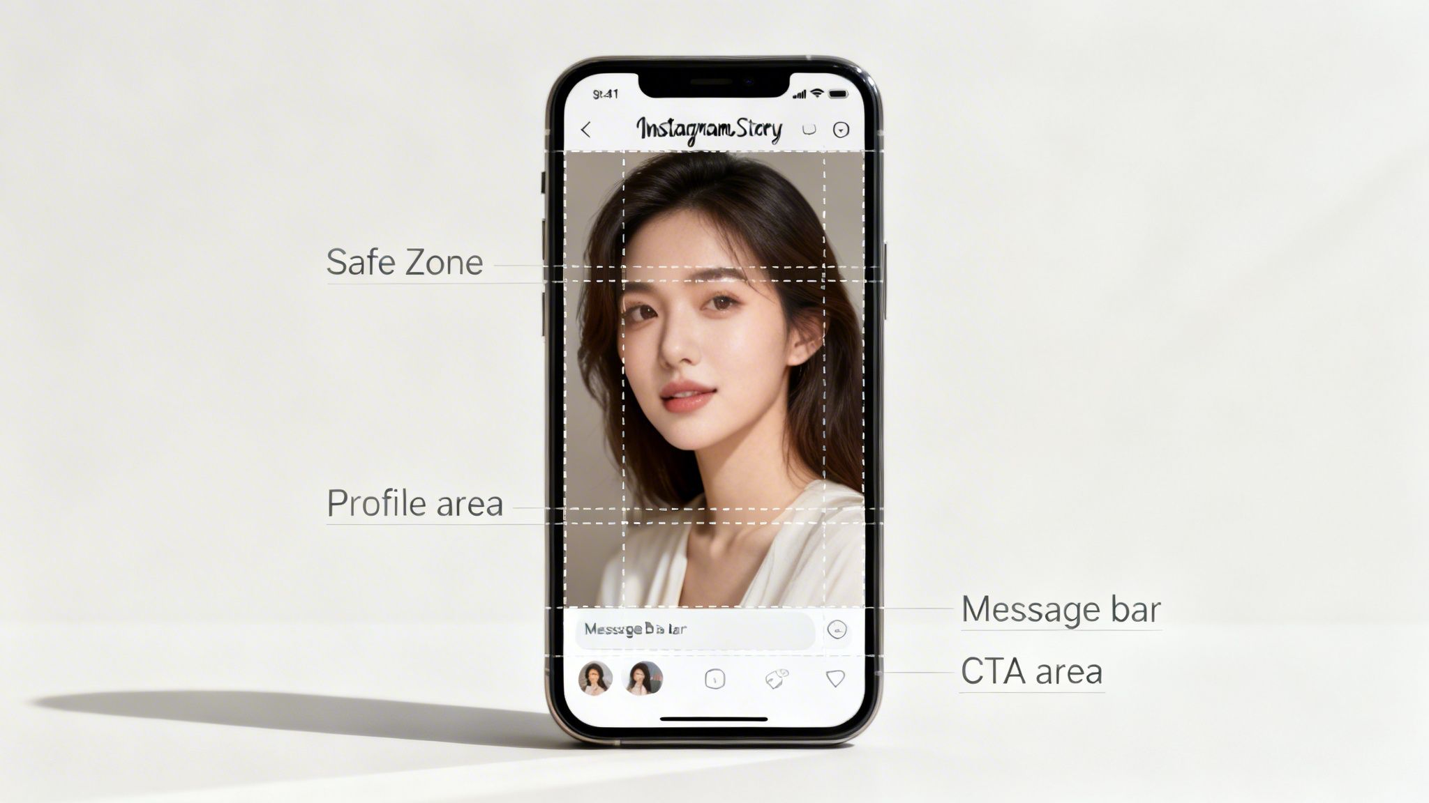 iPhone displaying Instagram Story layout with highlighted safe zones, profile, message bar, and CTA.