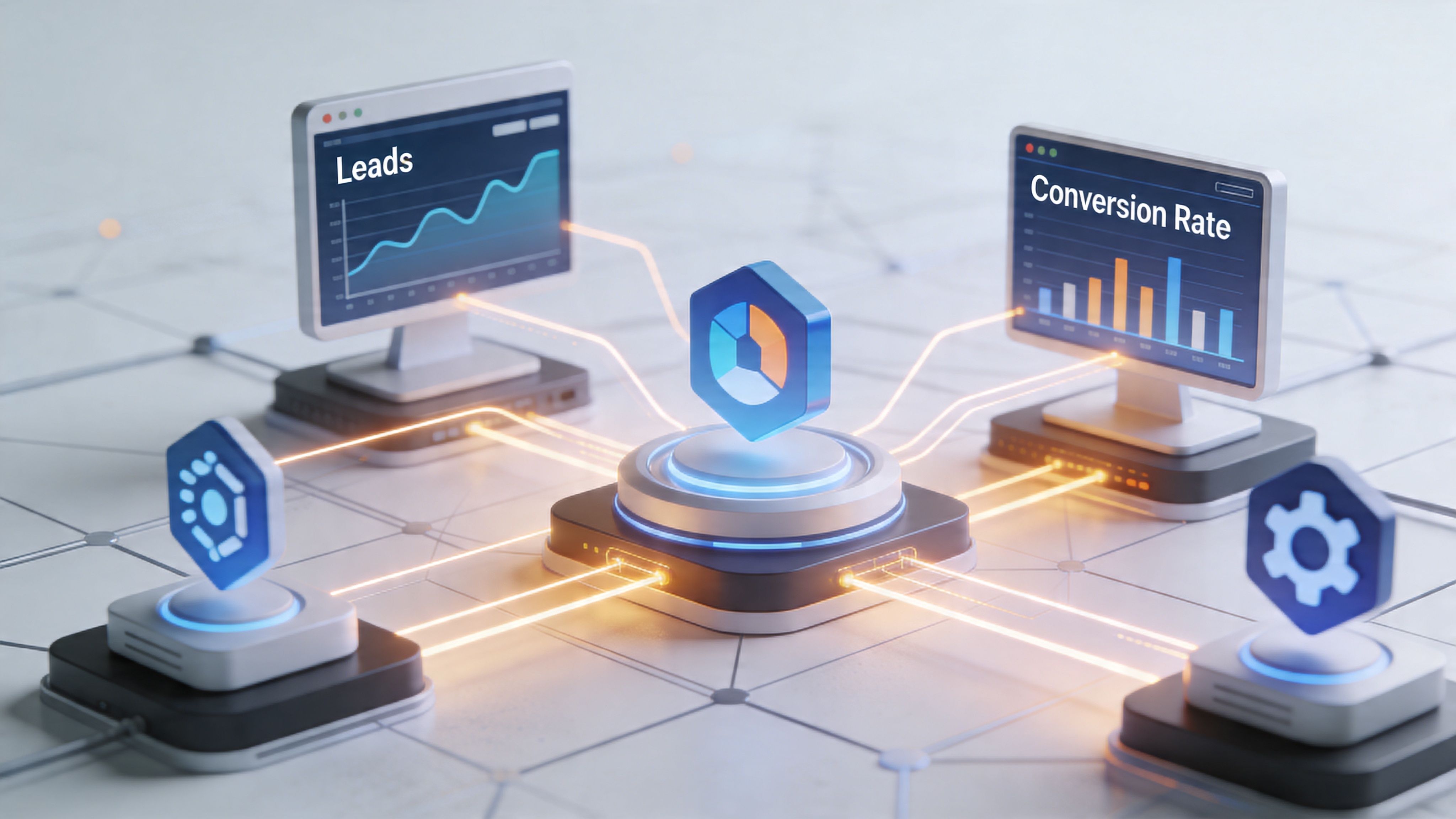 A 3D visualization showing digital monitors displaying lead analytics and conversion rates connected to a central hub.