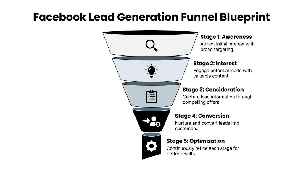 A five-stage funnel diagram illustrating the Facebook lead generation blueprint from awareness to optimization.