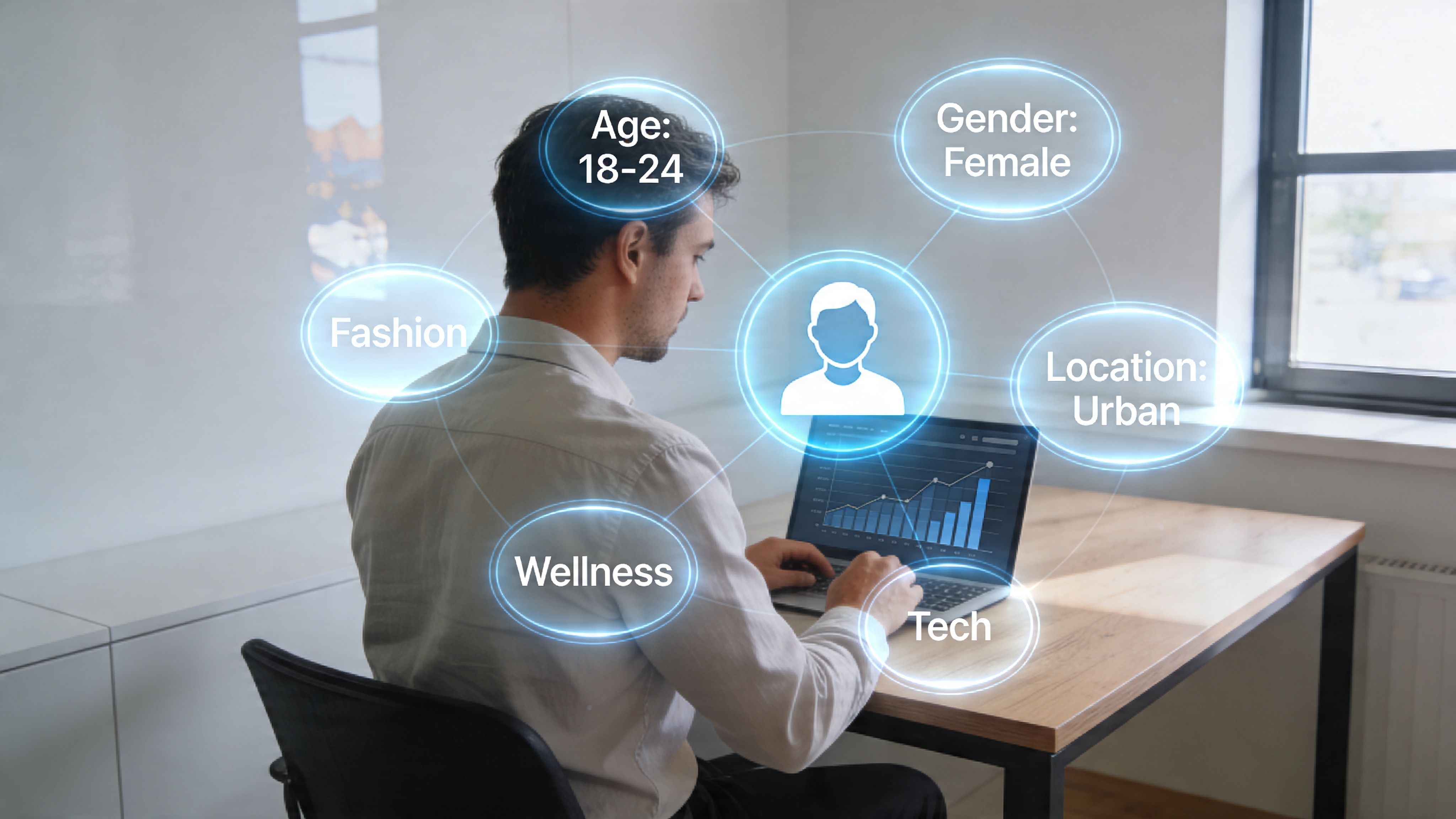 A professional analyzing data on a laptop with holographic customer demographic icons representing marketing insights.