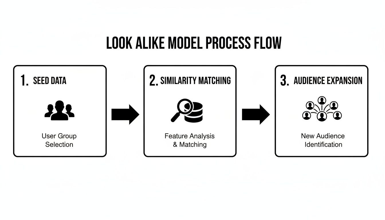 Flowchart illustrating the look-alike model process, including seed data, similarity matching, and audience expansion steps.