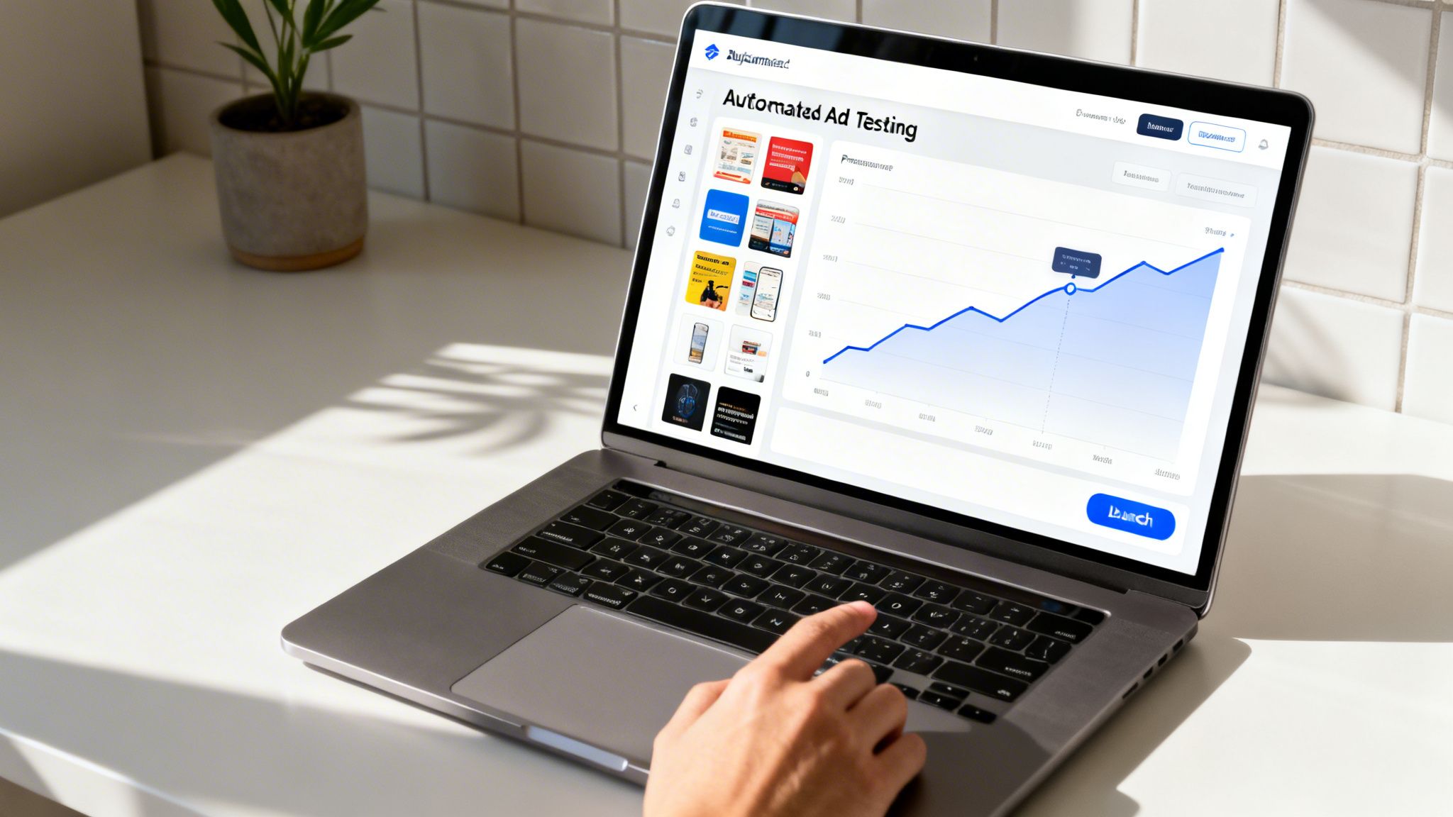 A hand typing on a laptop displaying an 'Automated Ad Testing' dashboard with a blue line graph.