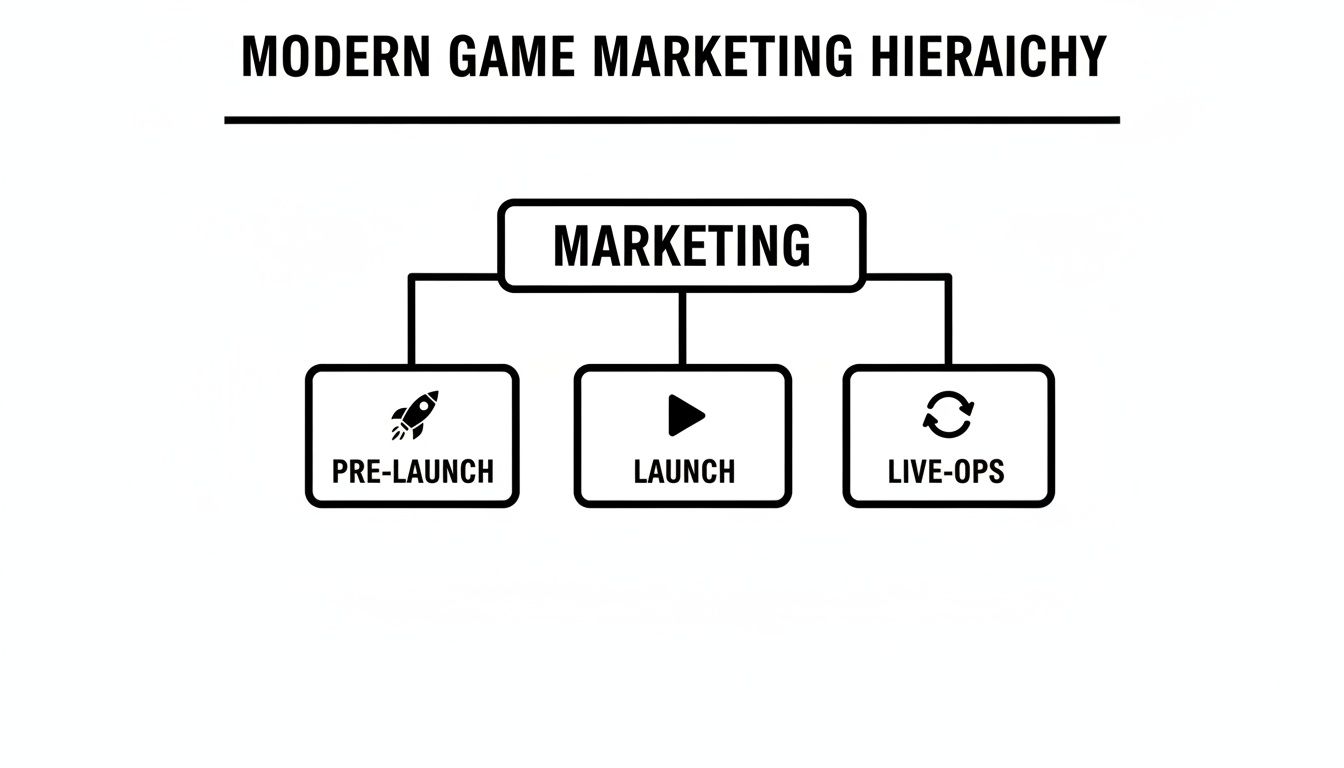 A diagram illustrating the modern game marketing hierarchy, featuring pre-launch, launch, and live-ops phases.
