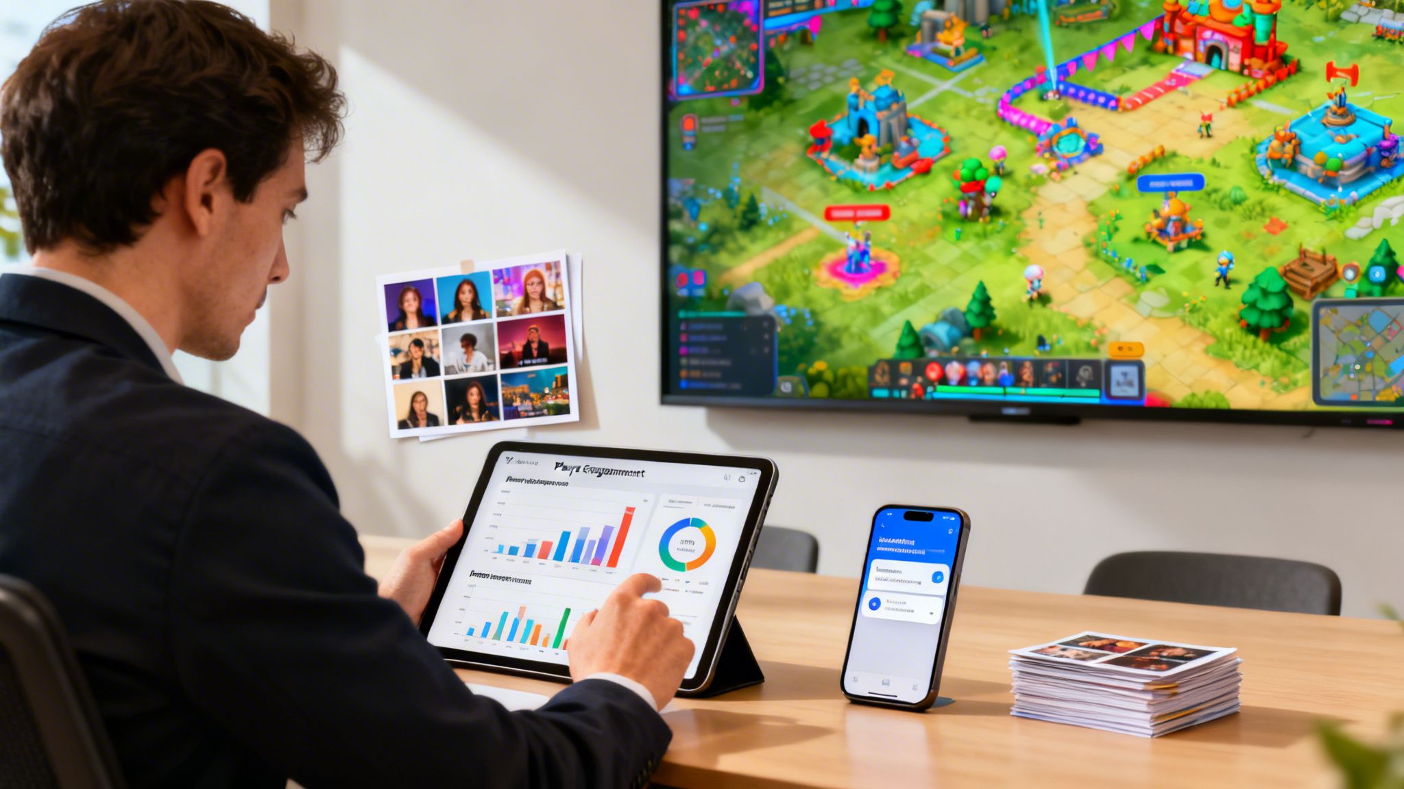 Professional analyzes game marketing data on a tablet, with a vibrant video game displayed on a monitor.