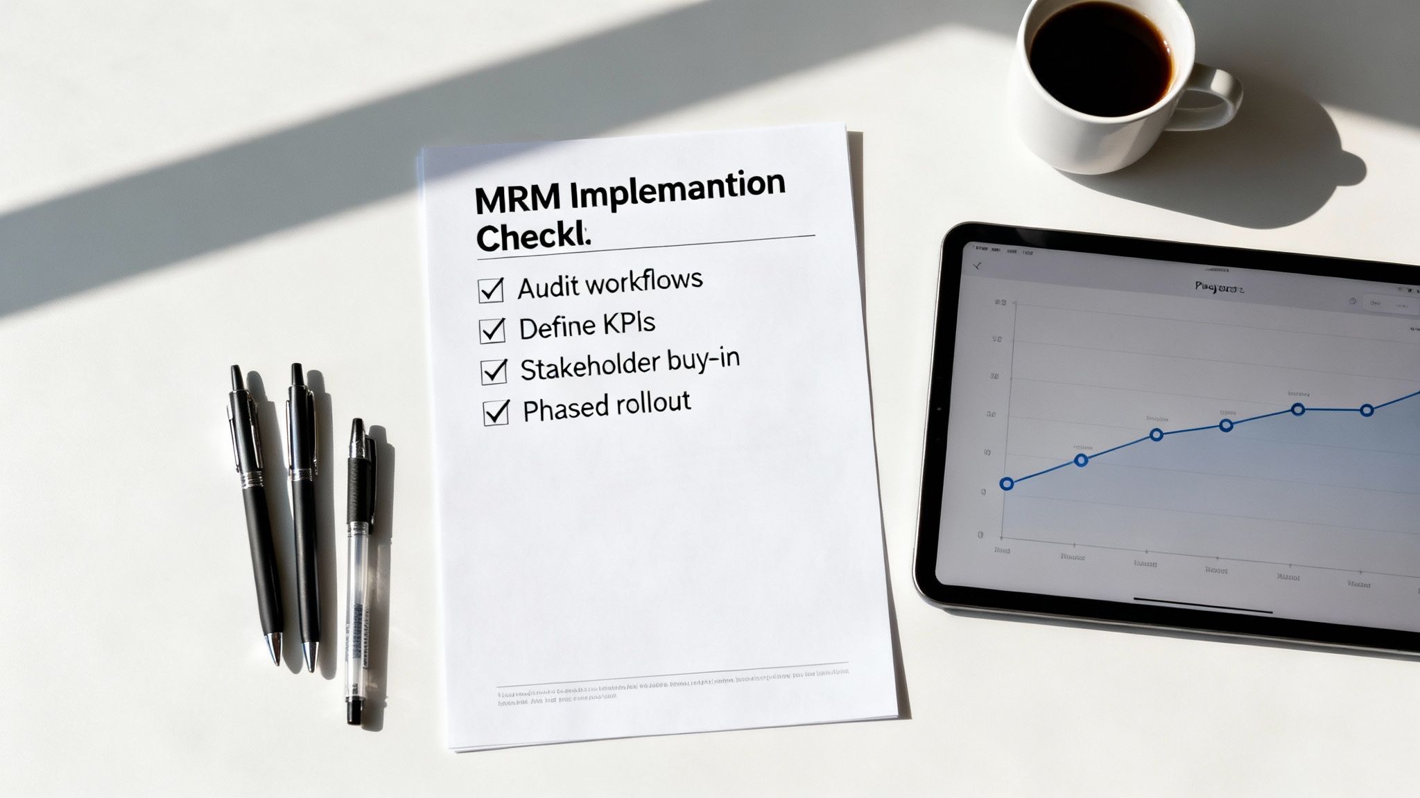 Top-down view of a white desk with an MRM implementation checklist, a tablet displaying a graph, a coffee mug, and pens.