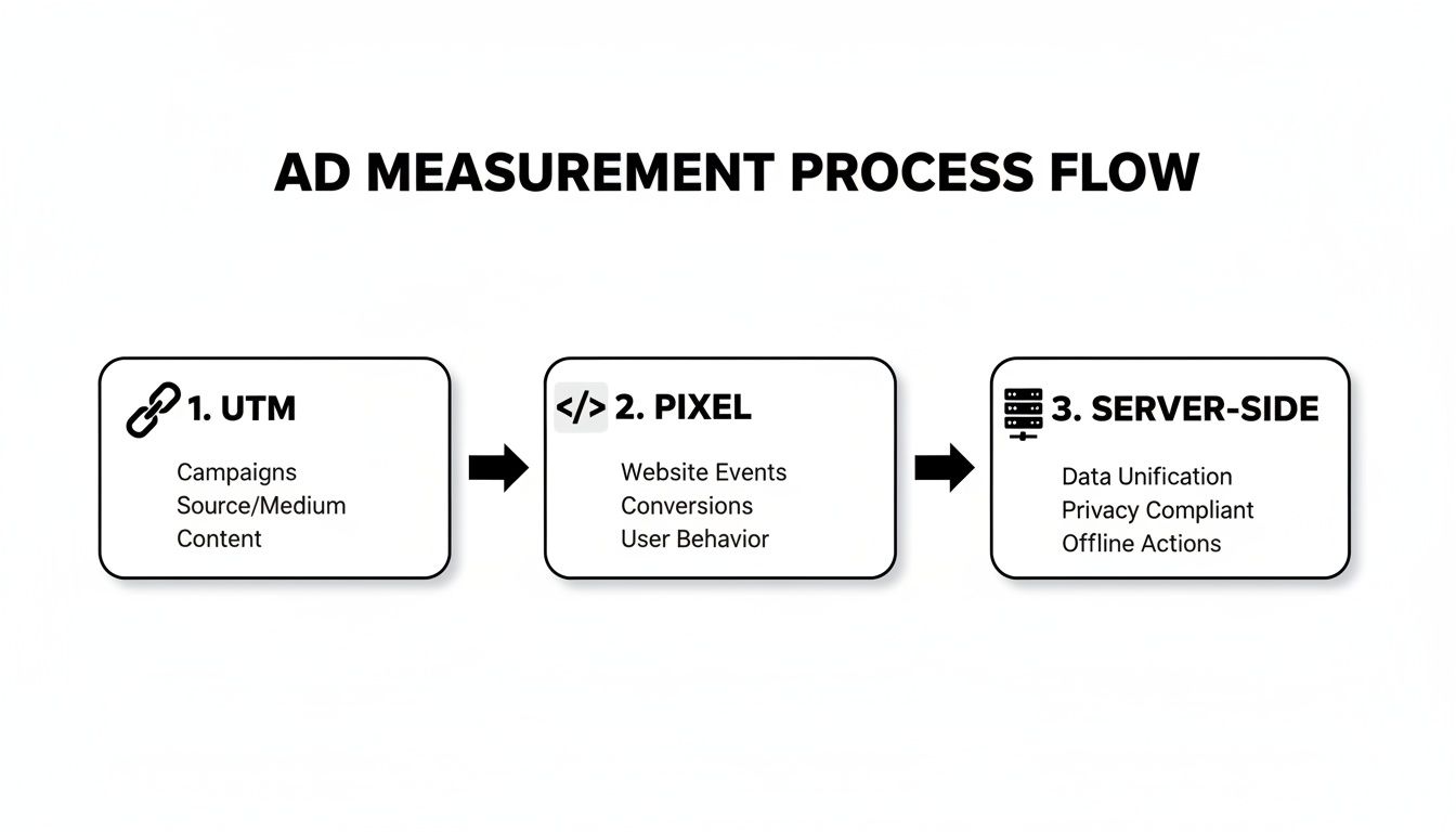 Flowchart illustrating the ad measurement process using UTM, Pixel, and Server-Side tracking for effective analysis.