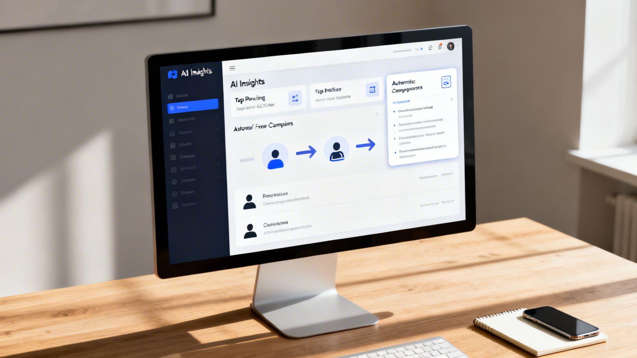 A computer monitor displaying an AI Insights marketing analytics dashboard with campaign management features on a wooden desk.