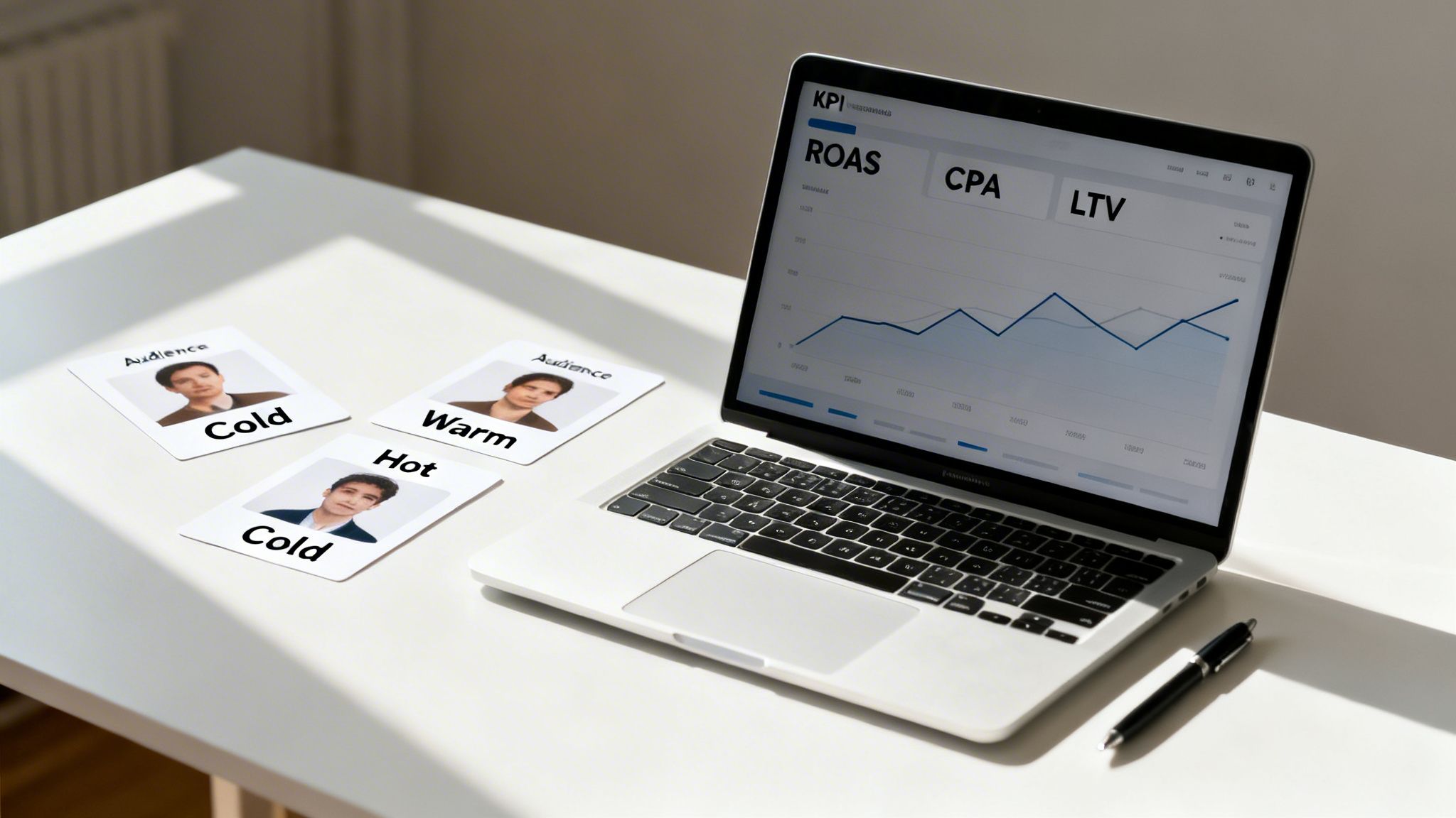 Laptop displaying marketing KPIs with audience segmentation cards on a white desk.