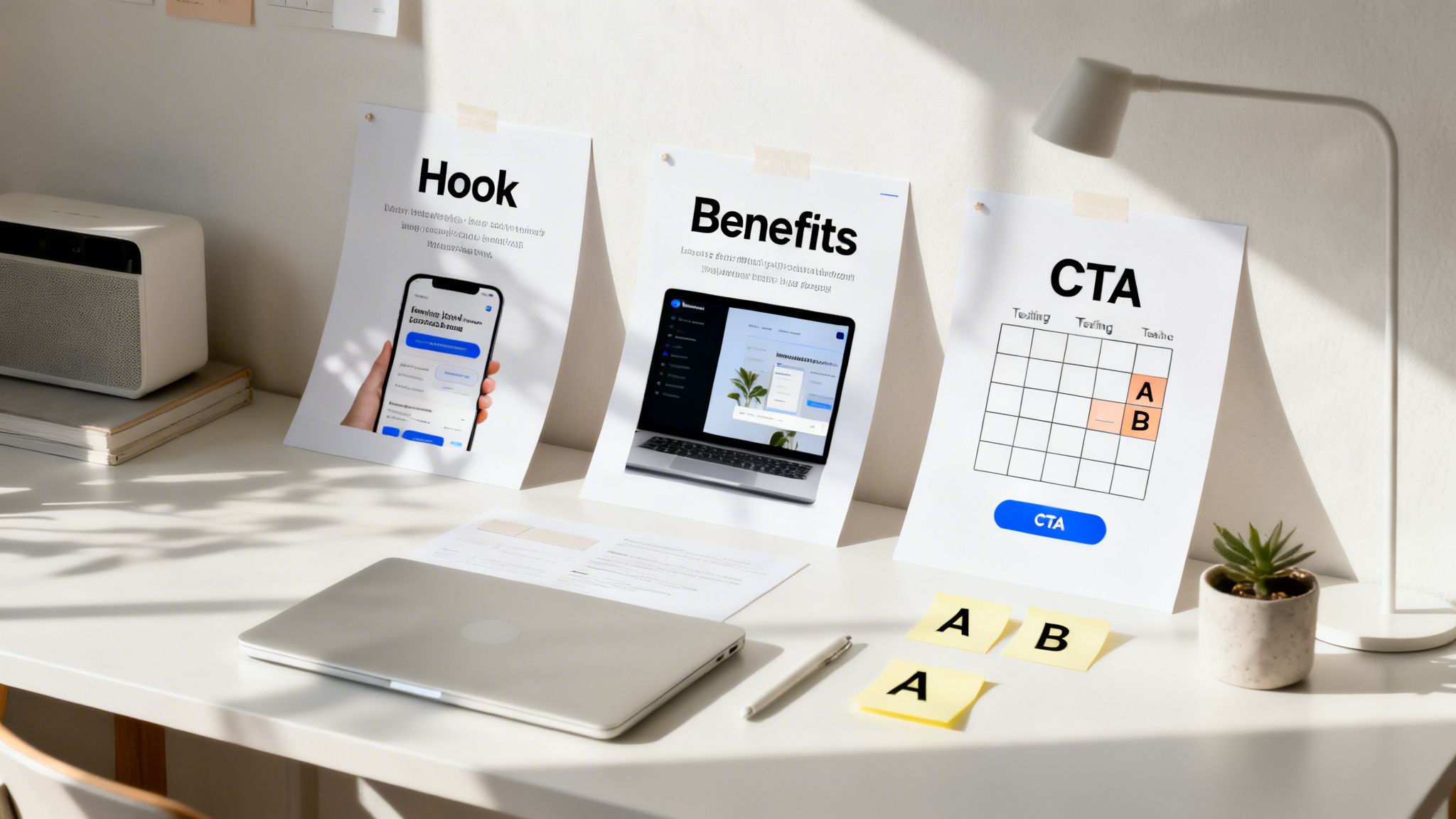 A modern workspace with three wall-mounted papers displaying 'Hook,' 'Benefits,' and 'CTA' marketing strategy concepts.