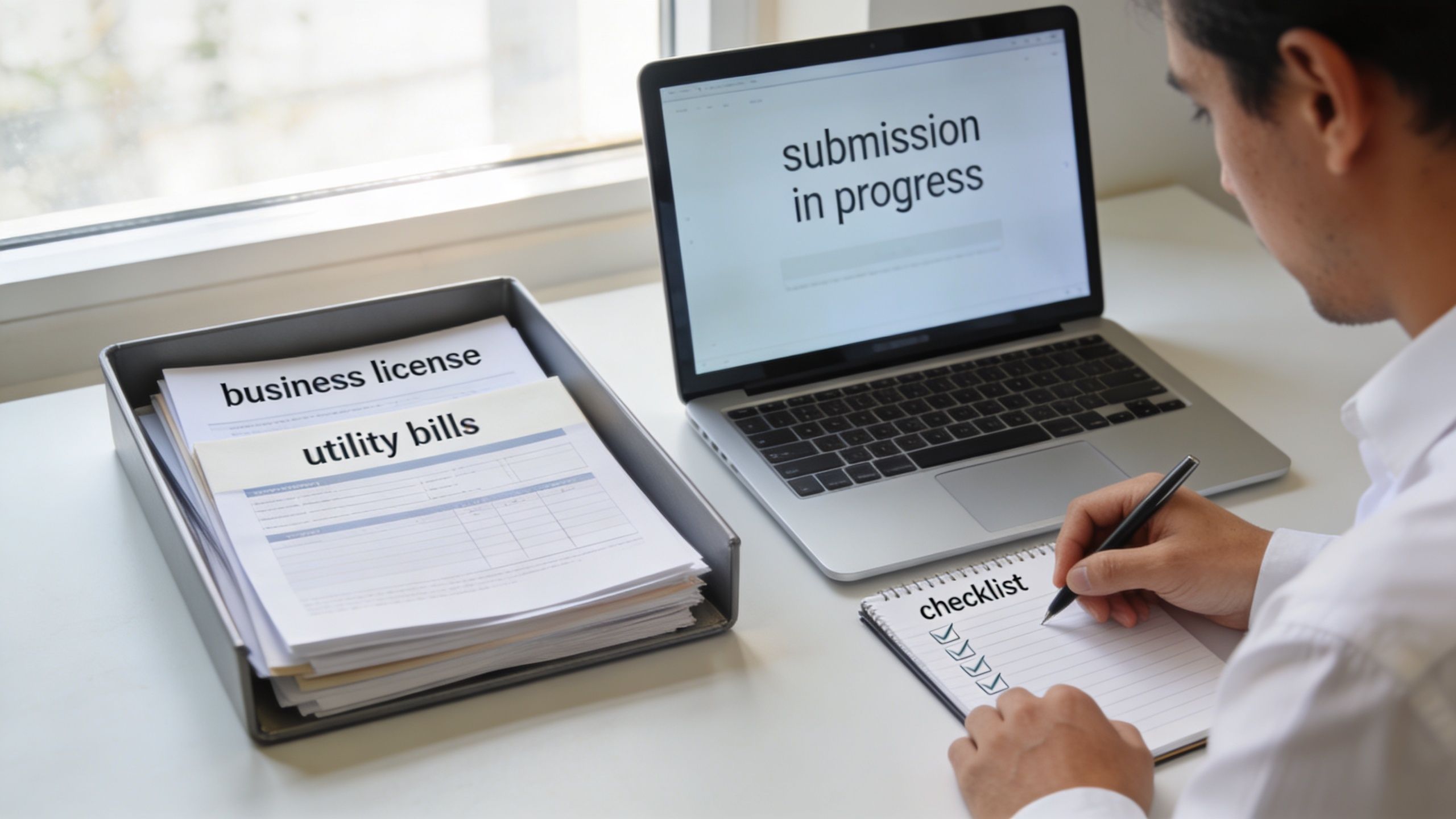 A professional processing business verification documents and checking items off a list on their desk.