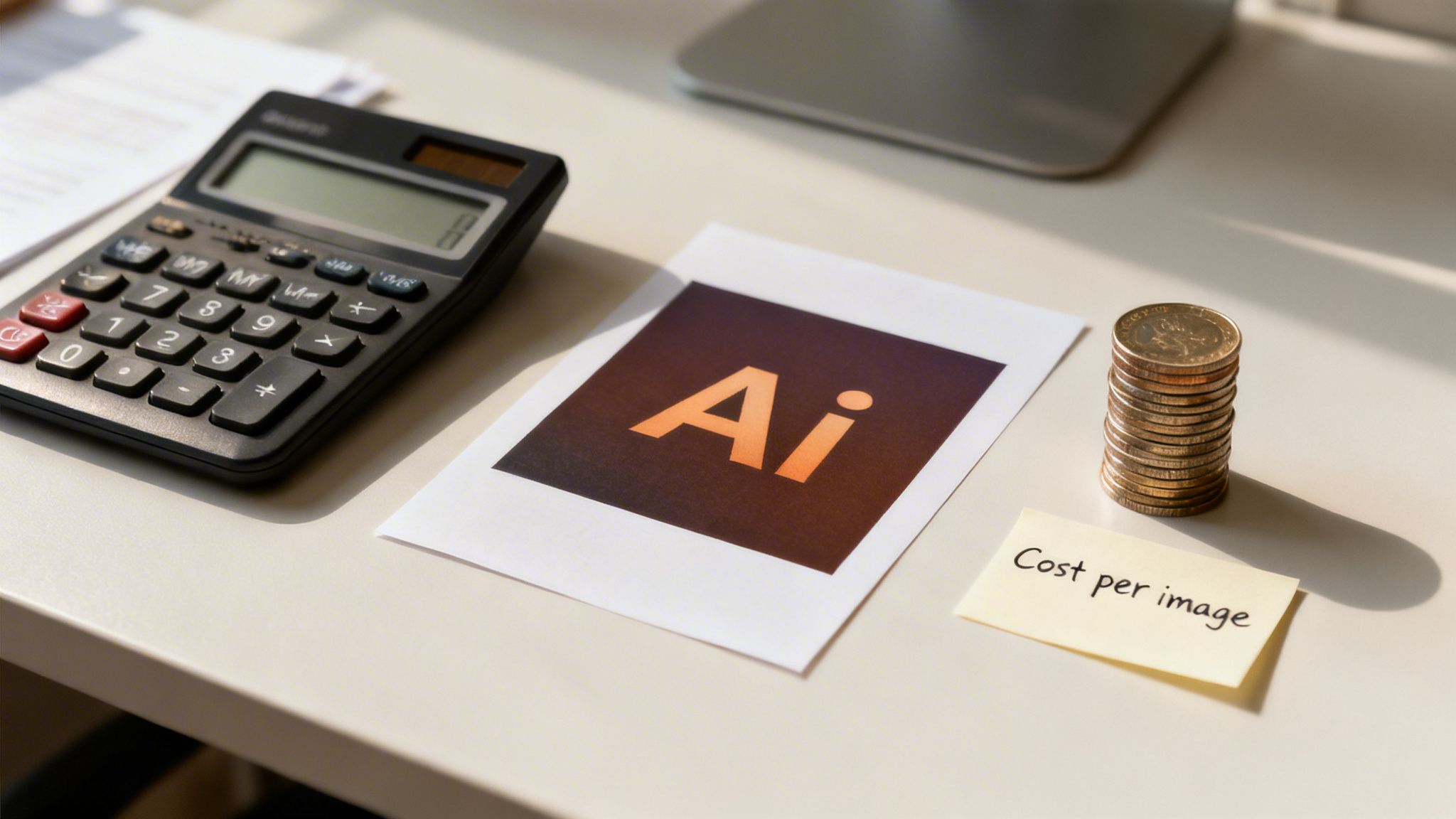 A calculator, an Ai logo print, a stack of coins, and a 'Cost per image' note on a desk, illustrating AI image pricing.