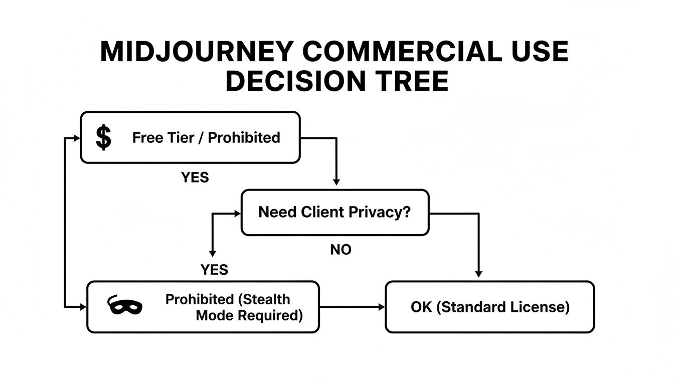 Decision tree for Midjourney commercial use, outlining rules for free tier, client privacy, and licensing.